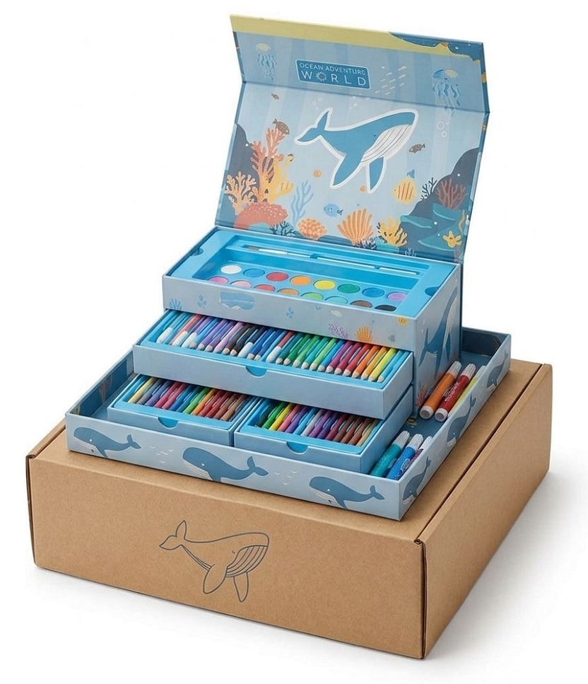 SET DE ARTE MUNDO MARINO PLUMONES + CRAYOLAS + ACUARELAS DE 56 PCS AZUL - 3