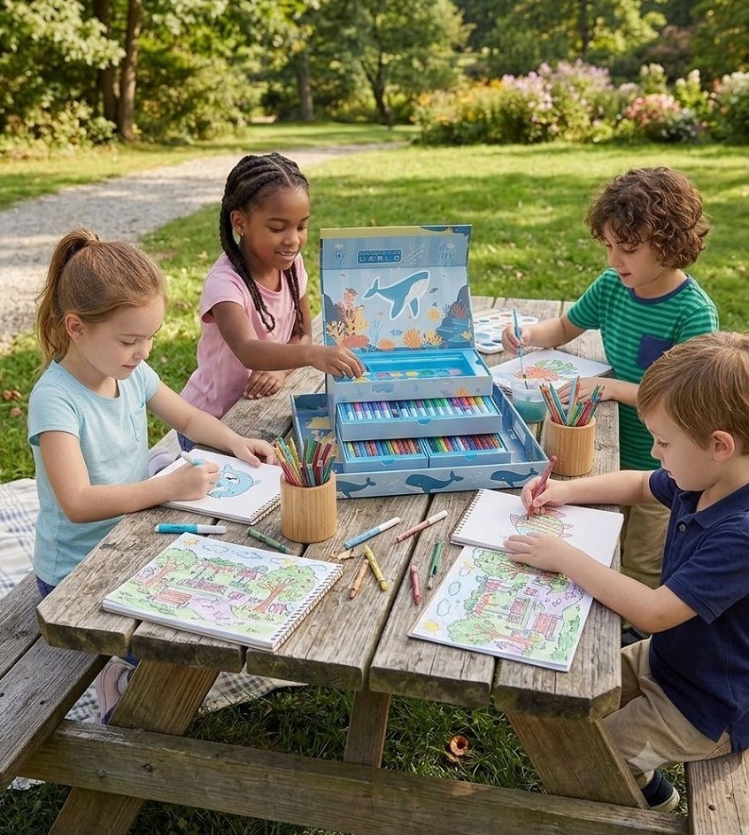 SET DE ARTE MUNDO MARINO PLUMONES + CRAYOLAS + ACUARELAS DE 56 PCS AZUL - 4