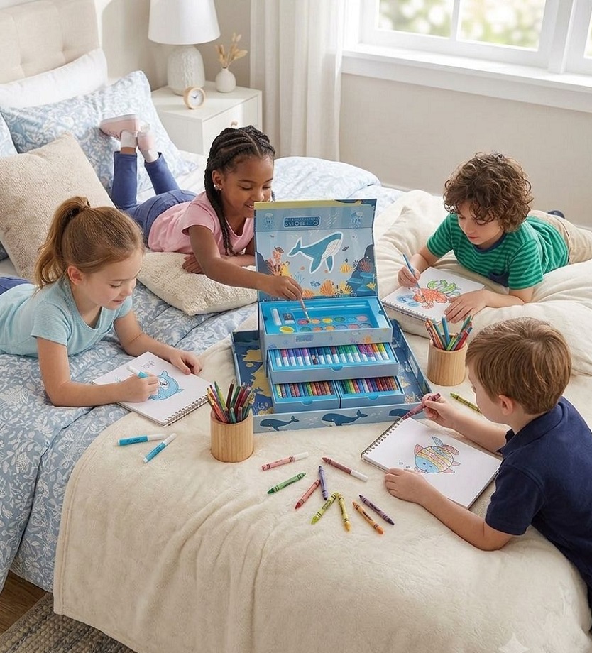 SET DE ARTE MUNDO MARINO PLUMONES + CRAYOLAS + ACUARELAS DE 56 PCS AZUL - 5