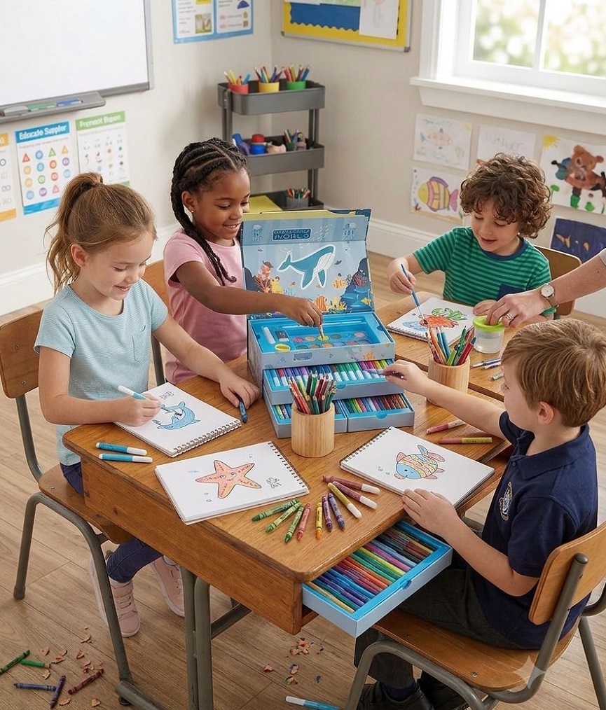 SET DE ARTE MUNDO MARINO PLUMONES + CRAYOLAS + ACUARELAS DE 56 PCS AZUL - 6