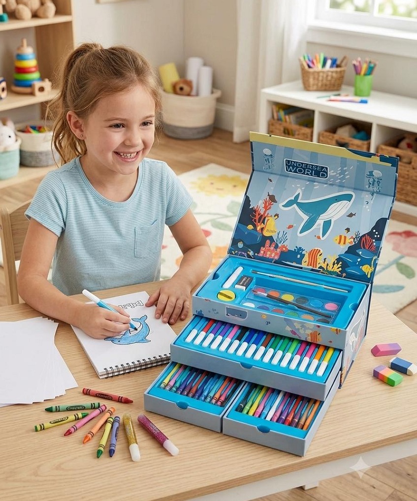 SET DE ARTE MUNDO MARINO PLUMONES + CRAYOLAS + ACUARELAS DE 56 PCS AZUL - 7