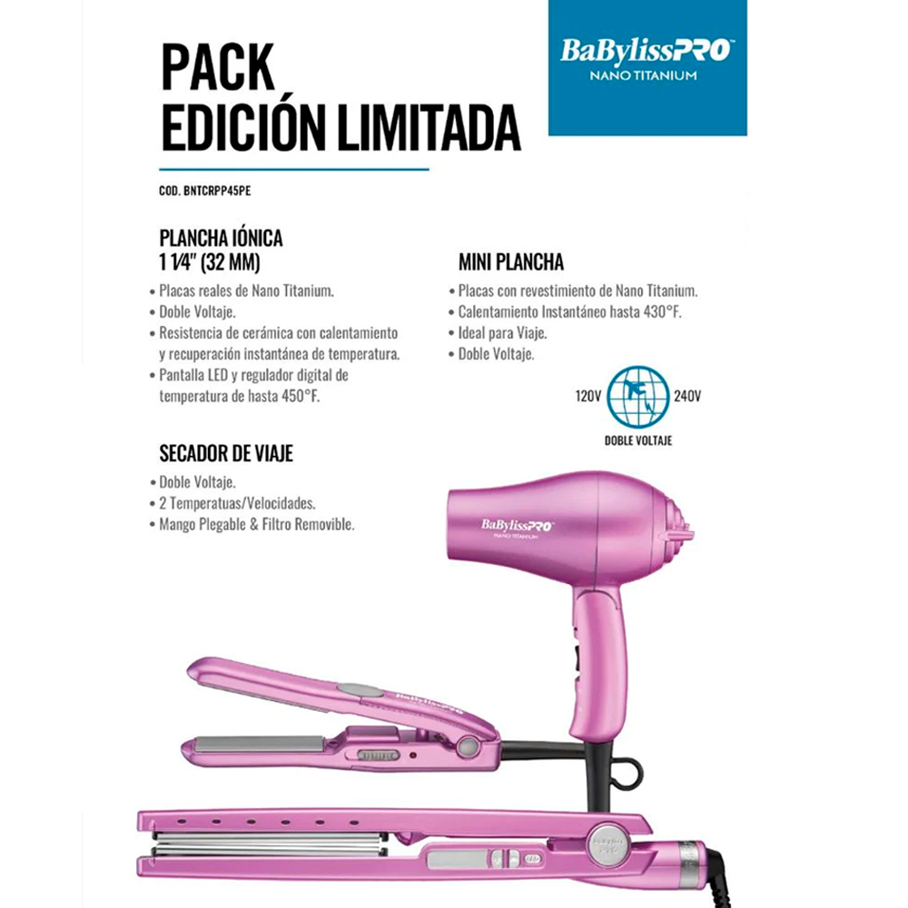 PACK BABYLISSPRO PLANCHA IÓNICA CON MINI PLANCHA Y SECADOR DE VIAJE - BNTCRPP45PE - 6
