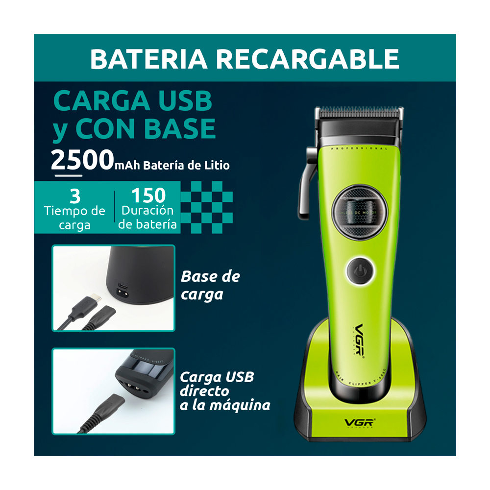 CORTADORA DE CABELLO VGR CERÁMICA MOTOR ROTATECH BLDC 7200RPM COLOR VERDE V-880C - 4