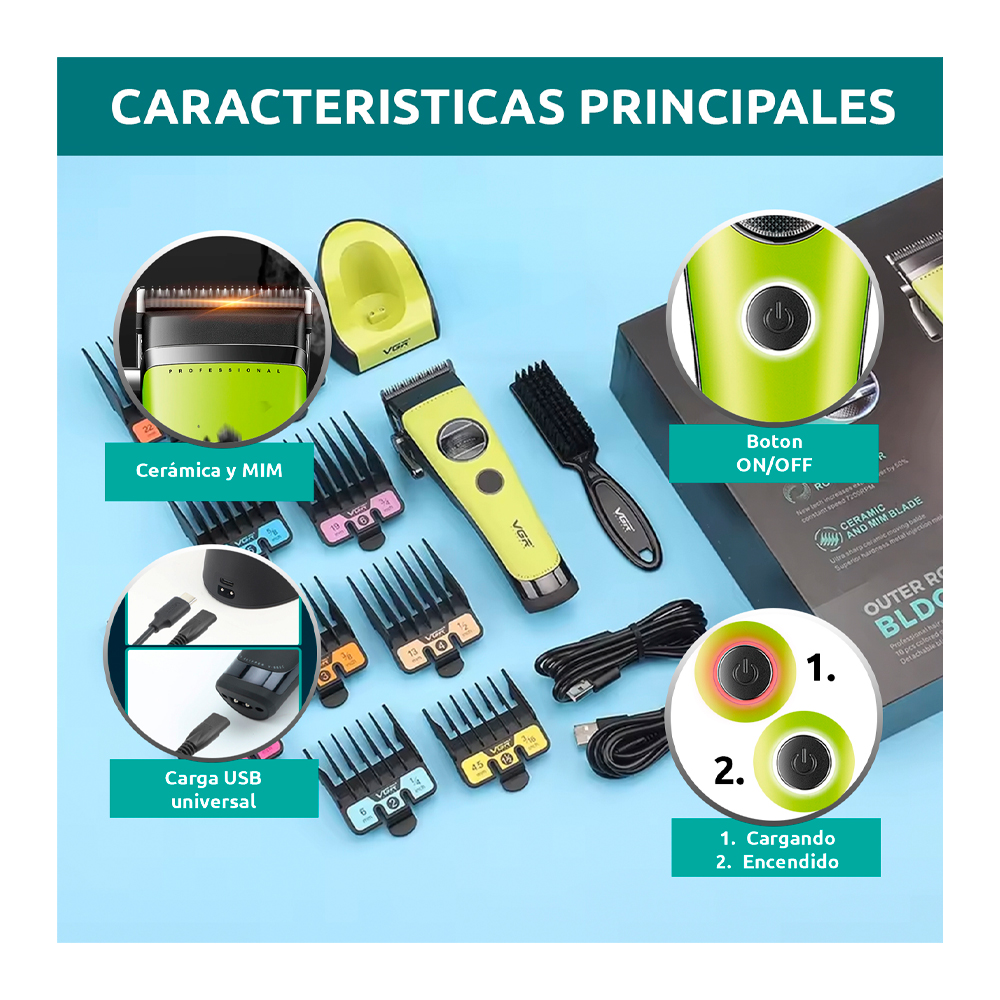 CORTADORA DE CABELLO VGR CERÁMICA MOTOR ROTATECH BLDC 7200RPM COLOR VERDE V-880C - 6