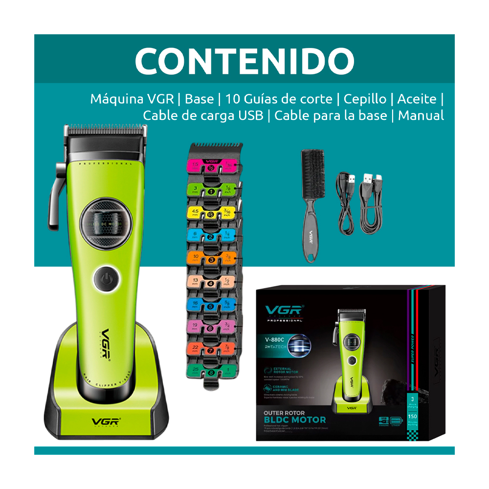 CORTADORA DE CABELLO VGR CERÁMICA MOTOR ROTATECH BLDC 7200RPM COLOR VERDE V-880C - 9