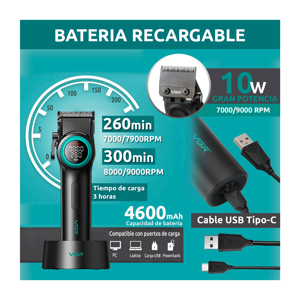 CORTADORA DE CABELLO VGR 9000 RPM V-001 ROJO - 3