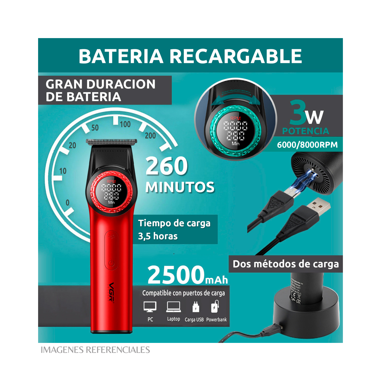 PACK BARBERO VGR CORTADORA V-001 Y TRIMMER V-977 COLOR NEGRO - 8
