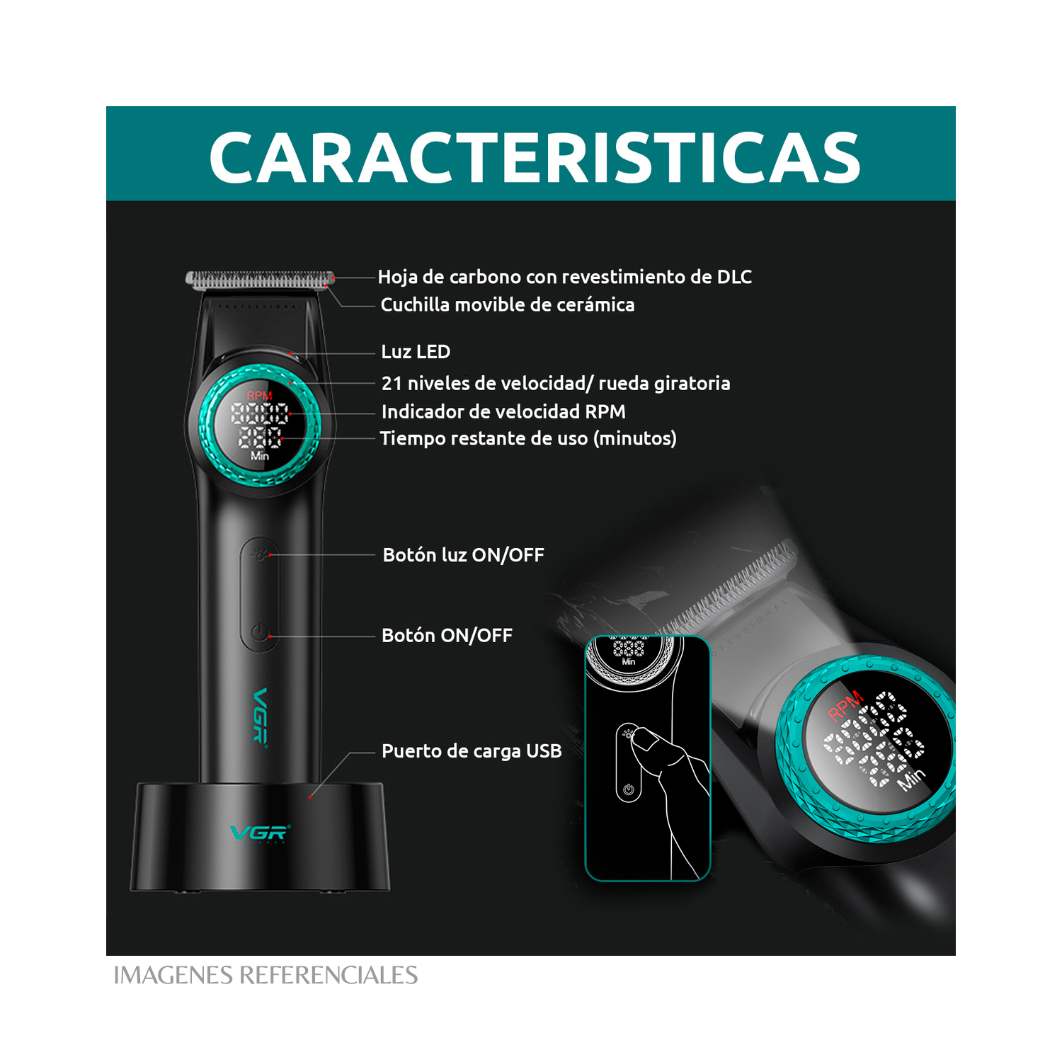 PACK BARBERO VGR CORTADORA V-001 Y TRIMMER V-977 COLOR NEGRO - 9