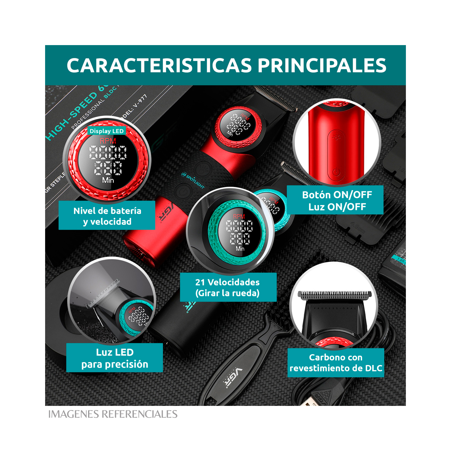 PACK BARBERO VGR CORTADORA V-001 Y TRIMMER V-977 COLOR ROJO - 7