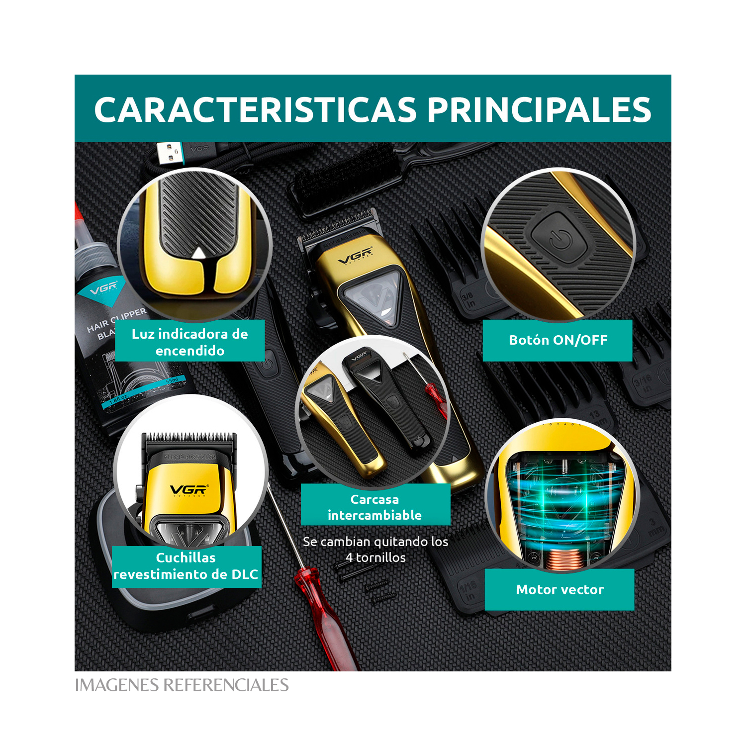 PACK CORTADORA VGR V-015 9000 RPM Y KIT DE ACCESORIOS (TIJERAS, BOTAPELO Y NAVAJA) - 6