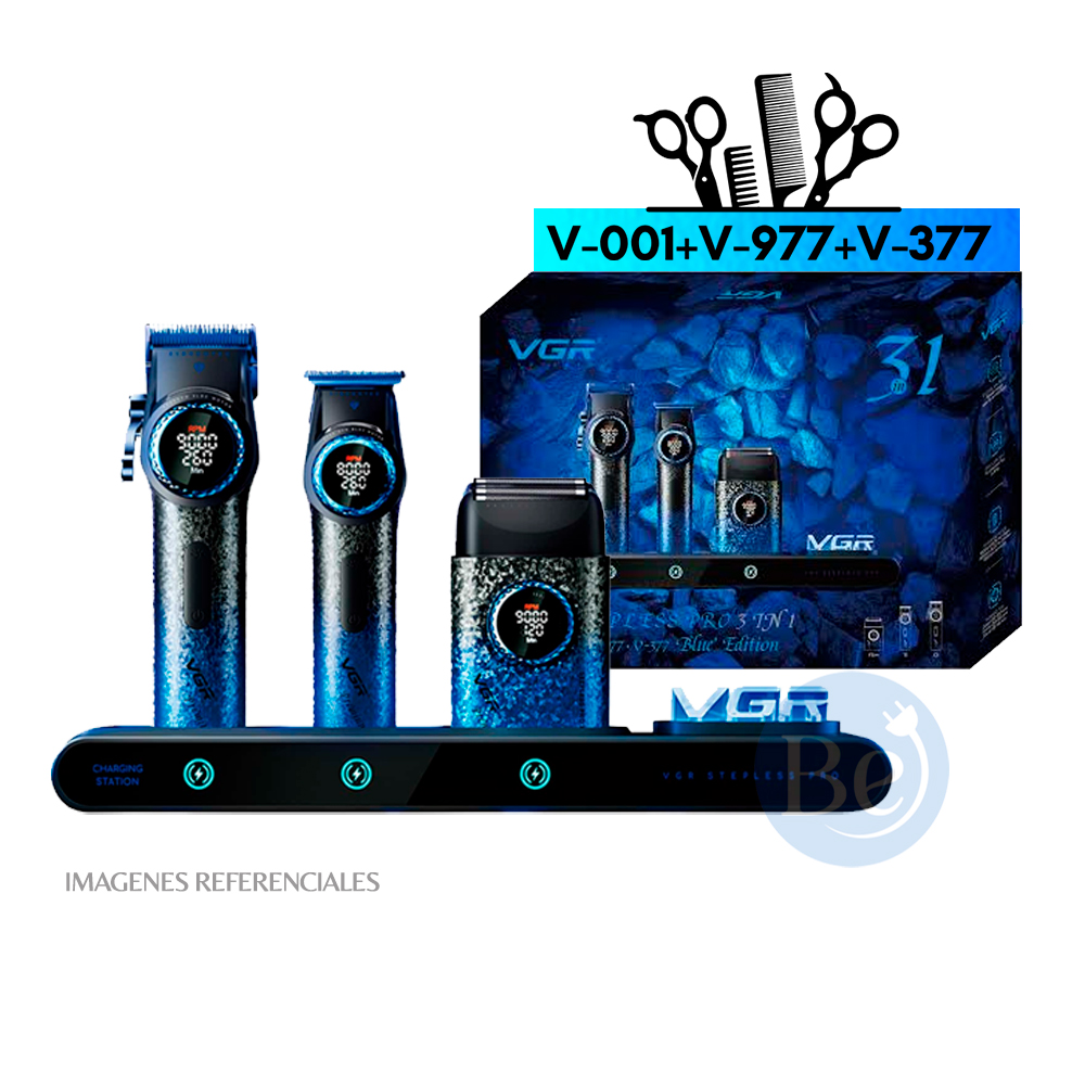 PACK BARBERO VGR STEPLESS PRO 3 EN 1 CLIPPER V001 + TRIMMER V-977 + SHAVER V-377 - BLUE EDITION - 1