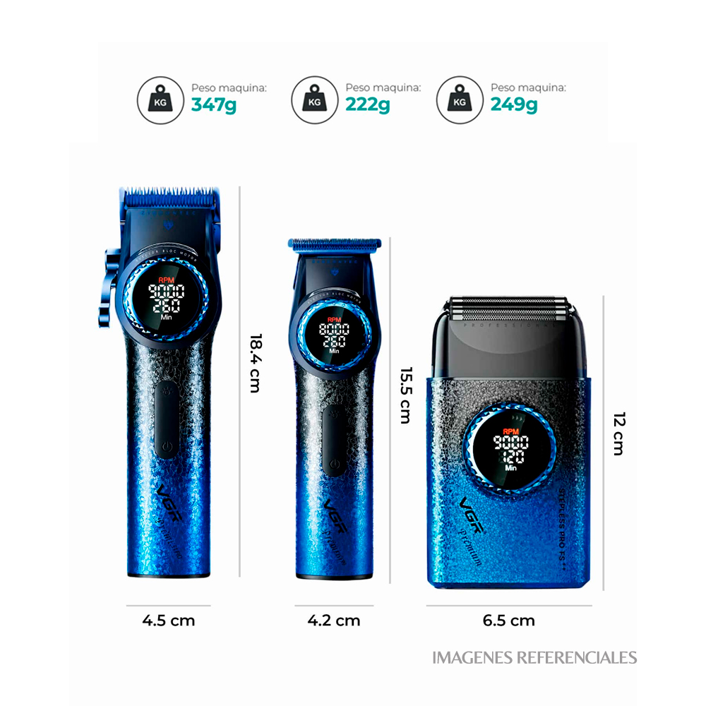 PACK BARBERO VGR STEPLESS PRO 3 EN 1 CLIPPER V001 + TRIMMER V-977 + SHAVER V-377 - BLUE EDITION - 2