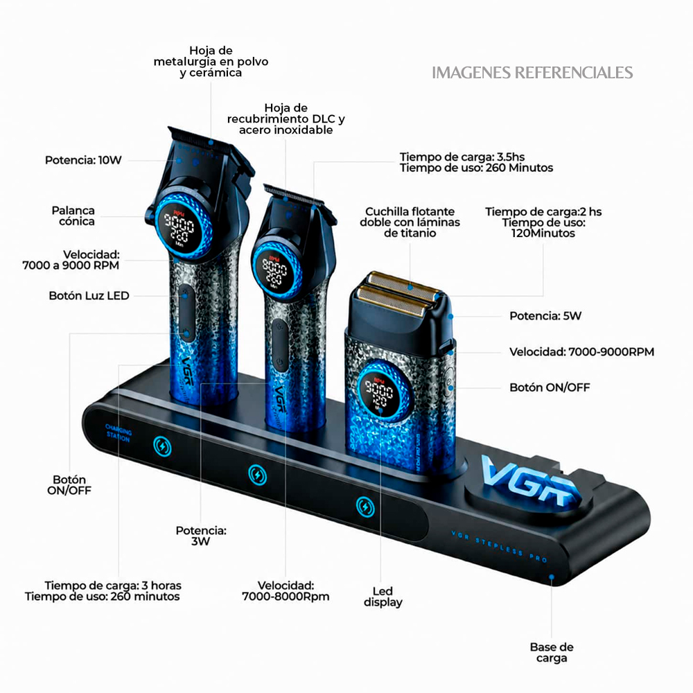PACK BARBERO VGR STEPLESS PRO 3 EN 1 CLIPPER V001 + TRIMMER V-977 + SHAVER V-377 - BLUE EDITION - 3