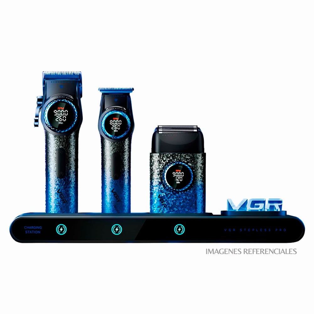 PACK BARBERO VGR STEPLESS PRO 3 EN 1 CLIPPER V001 + TRIMMER V-977 + SHAVER V-377 - BLUE EDITION - 4