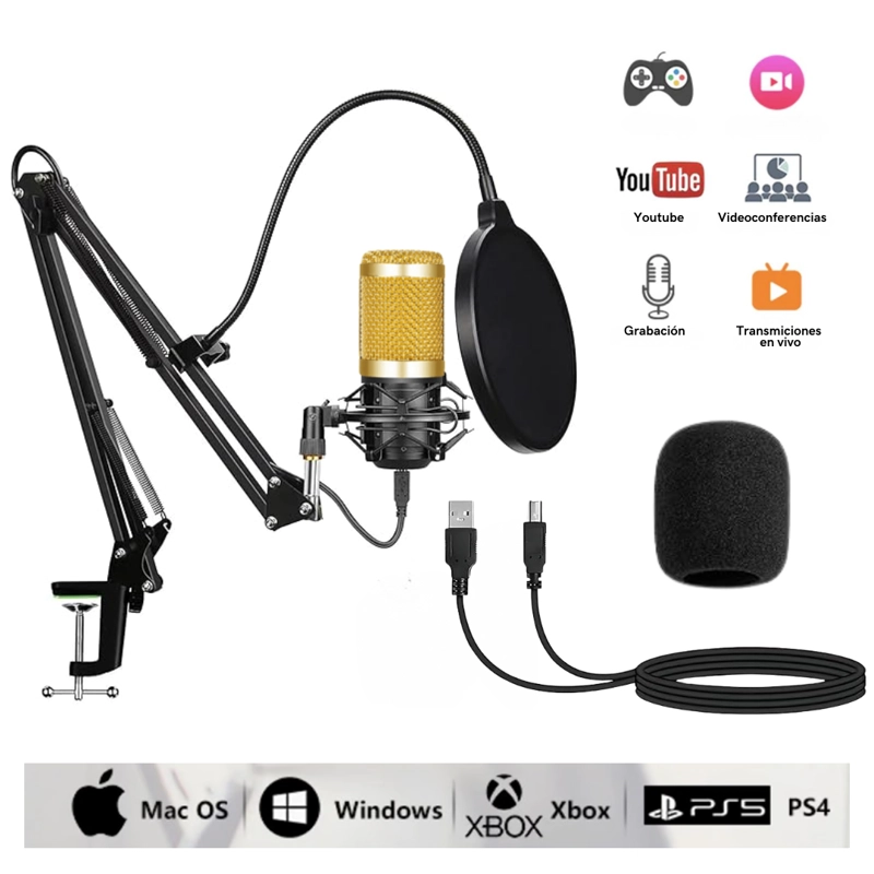 MICRÓFONO CONDENSADOR PROFESIONAL GRABACION ESTUDIO USB CON BRAZO AJUSTABLE ANTIPOP	BM-800TZ-DORADO - 1