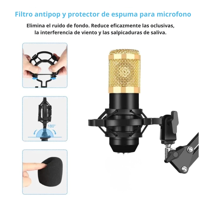 MICRÓFONO CONDENSADOR PROFESIONAL GRABACION ESTUDIO USB CON BRAZO AJUSTABLE ANTIPOP	BM-800TZ-DORADO - 4