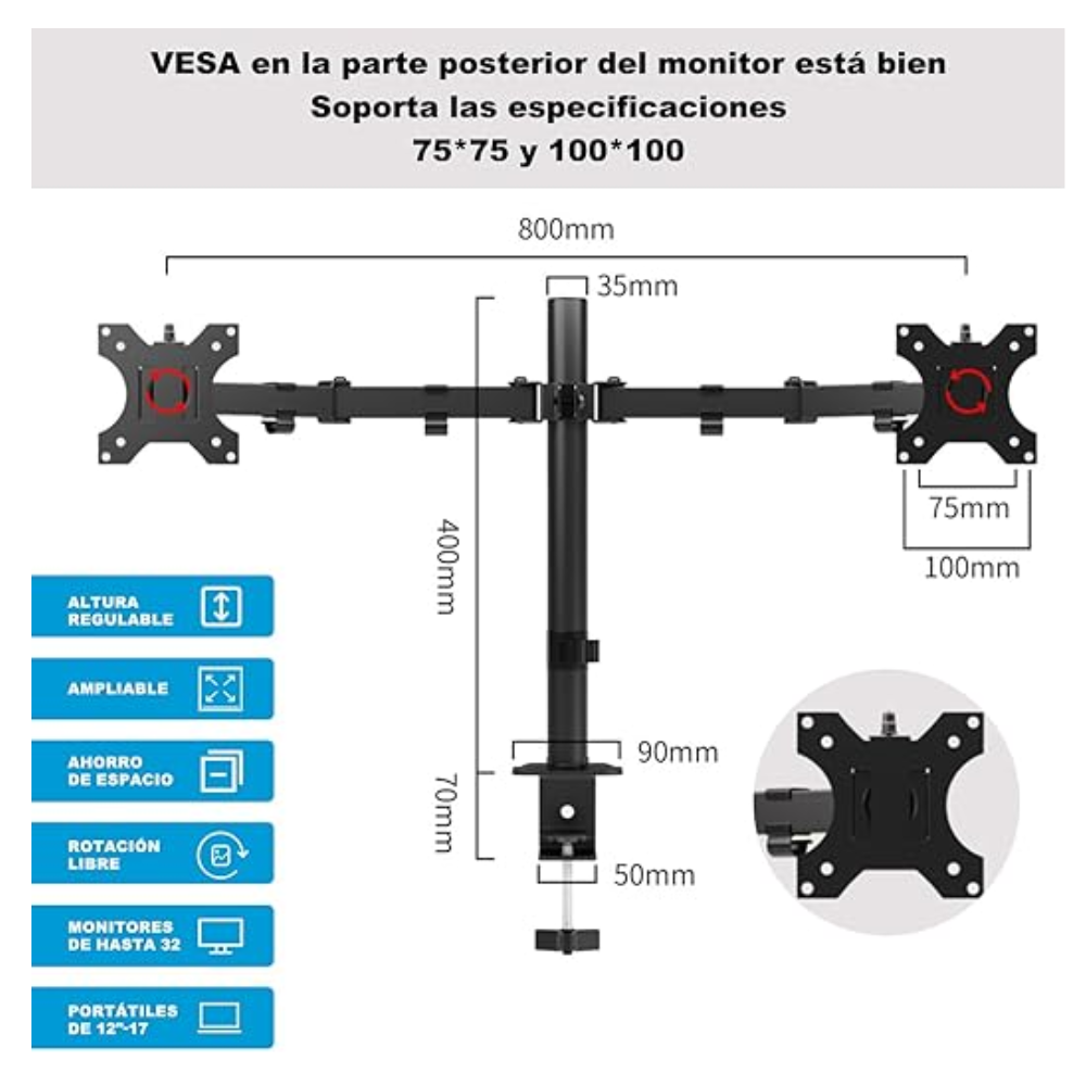 SOPORTE RACK BASE DE MONITOR DUAL 2 PANTALLAS MONITORES BRAZOS ARTICULADO 13 A 32 PULGADAS Z022 - 7