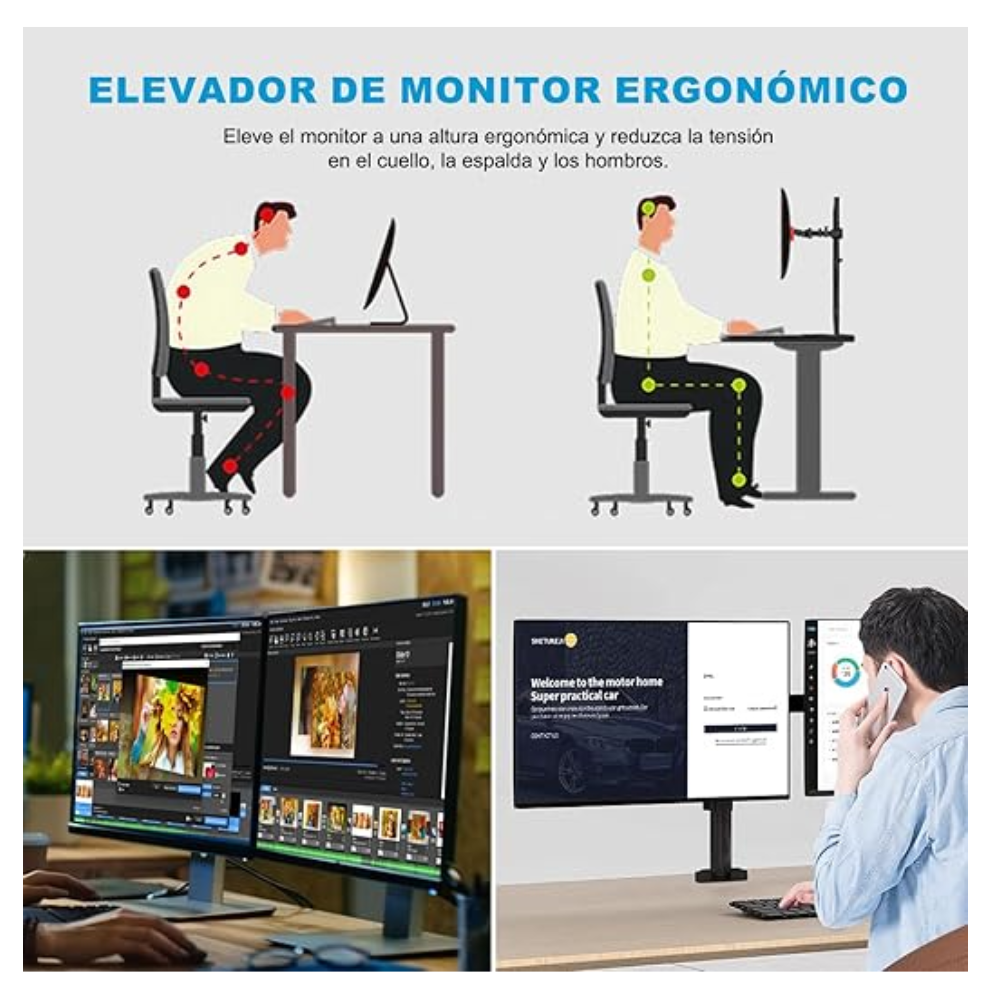 SOPORTE RACK BASE DE MONITOR DUAL 2 PANTALLAS MONITORES BRAZOS ARTICULADO 13 A 32 PULGADAS Z022 - 8
