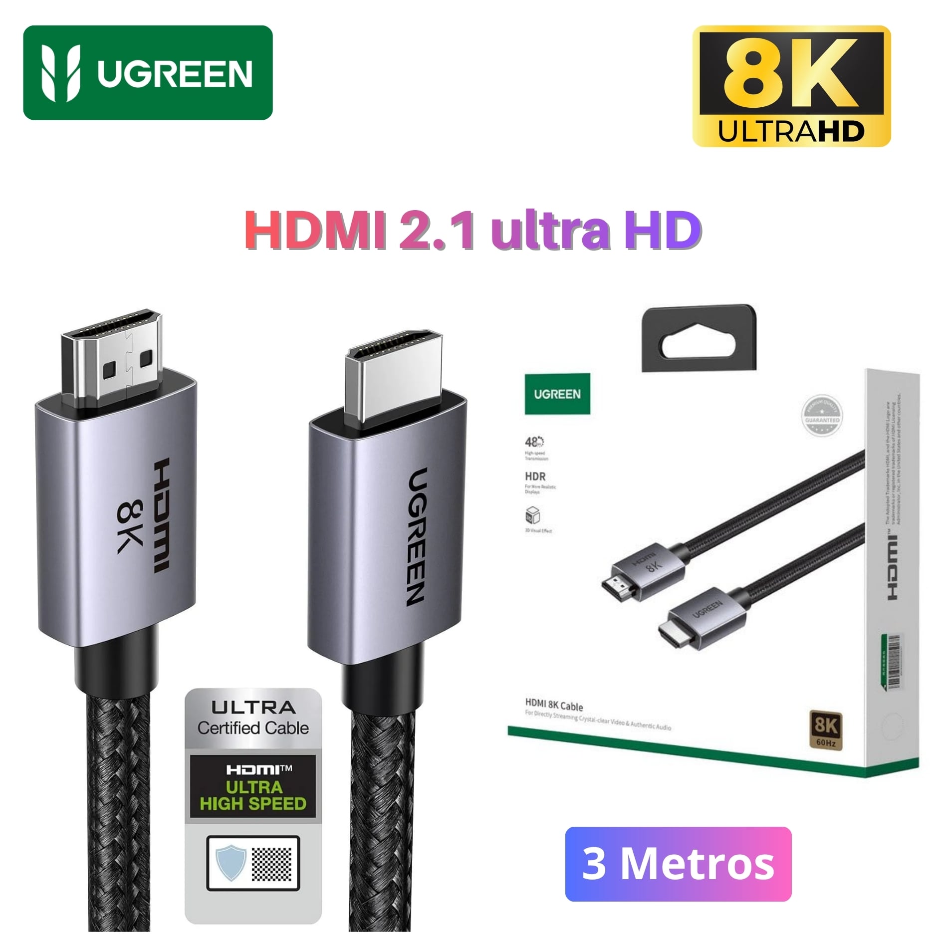 CABLE HDMI UGREEN 8K HDMI 2.1 48GBPS DOLBY ATMOS HDR 3 METROS - 1
