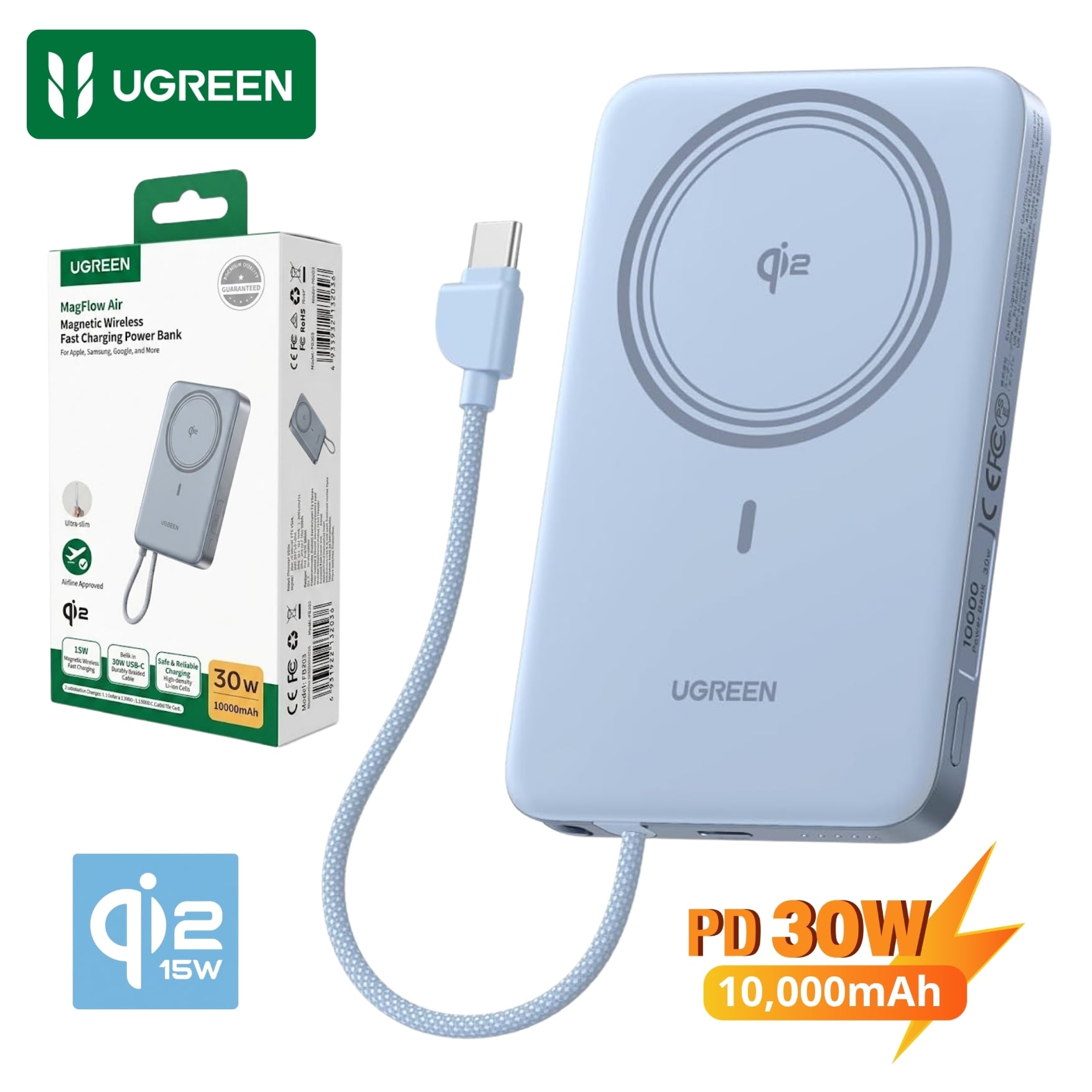 POWER BANK UGREEN 30W CARGADOR INALÁMBRICO QI2 MAGFLOW DE 15W UGREEN PARA SAMSUNG XIOAMI HONOR - 1