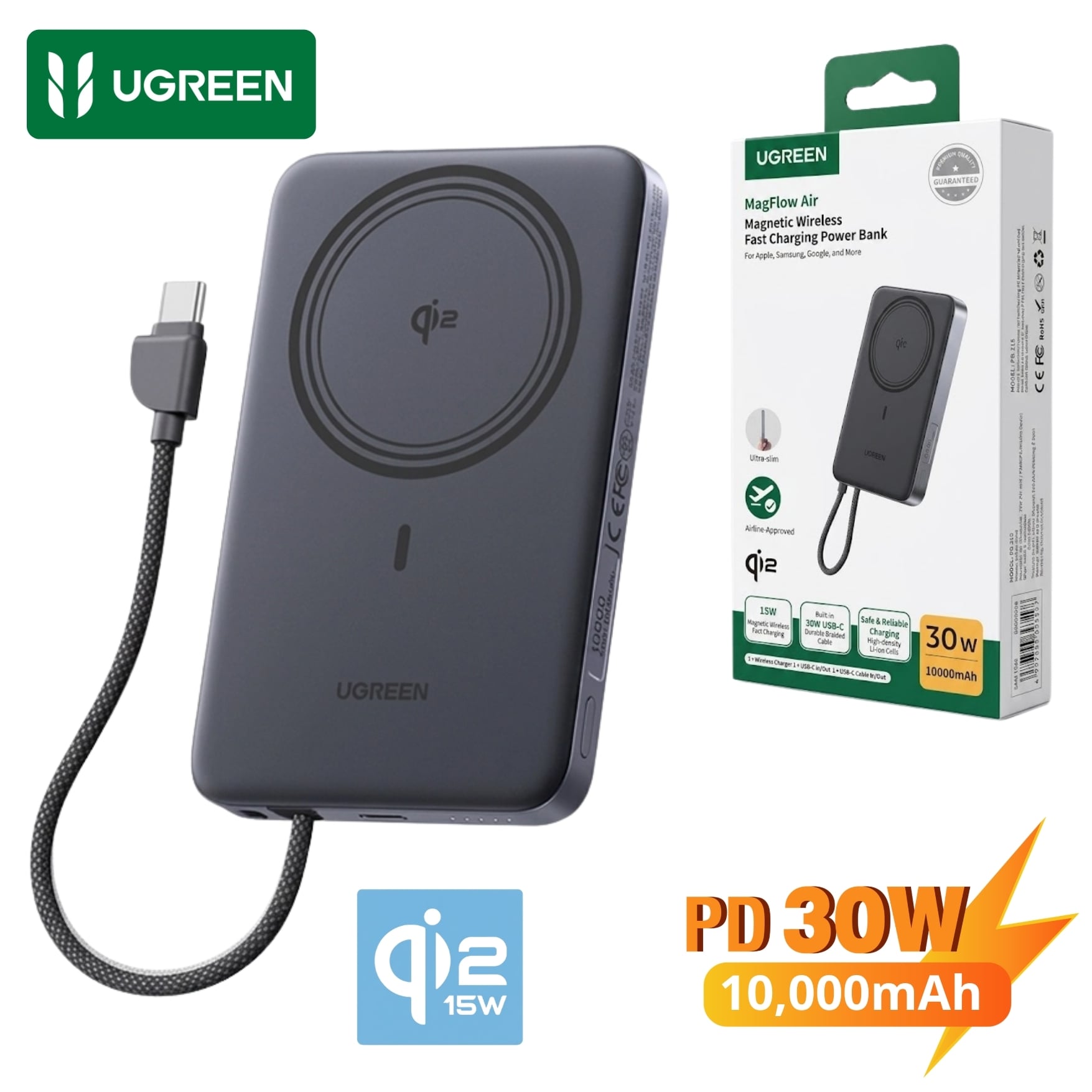 POWER BANK UGREEN 30W CARGADOR INALÁMBRICO QI2 MAGFLOW DE 15W UGREEN  75982B PARA IPHONE SAMSUNG - 1