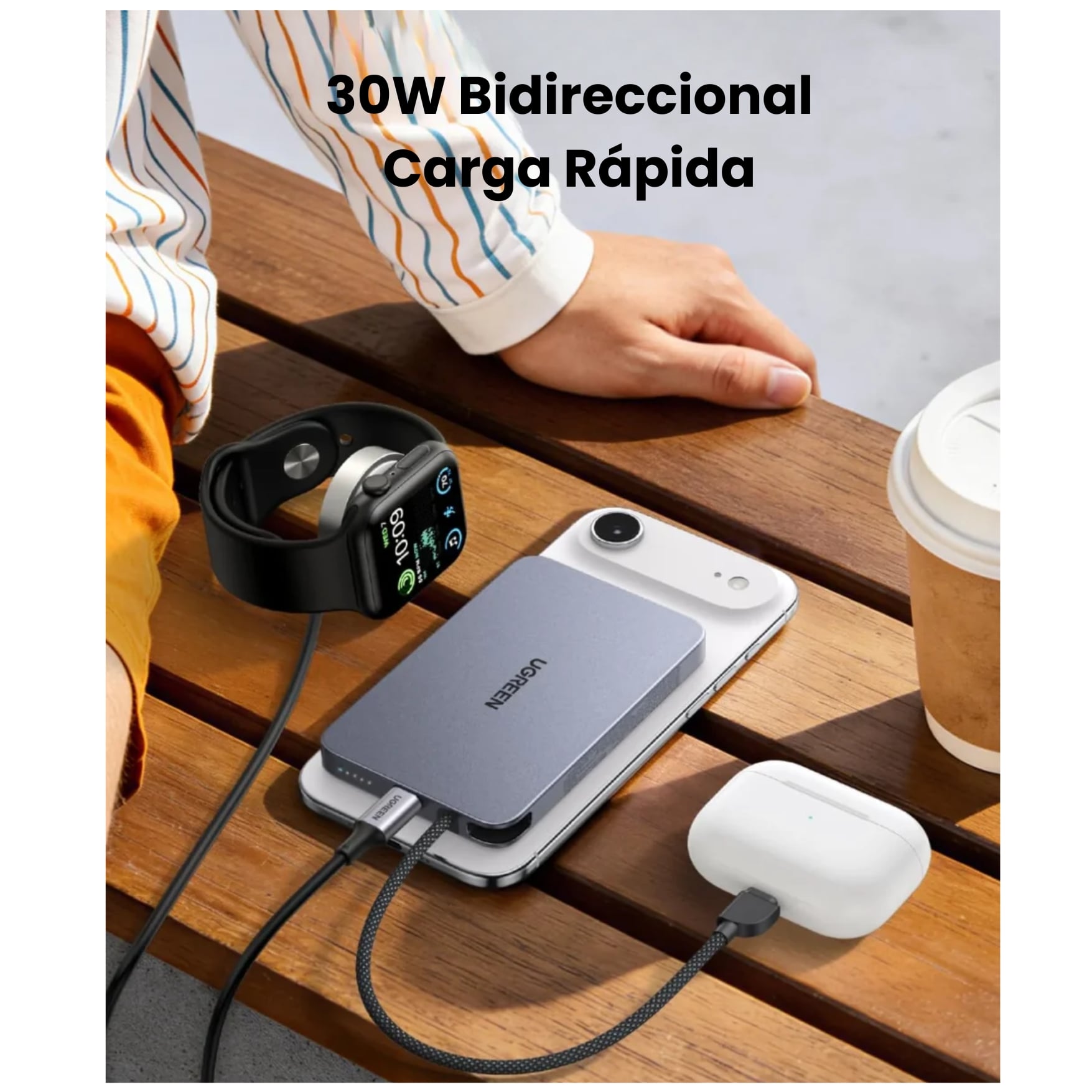 POWER BANK UGREEN 30W CARGADOR INALÁMBRICO QI2 MAGFLOW DE 15W UGREEN  75982B PARA IPHONE SAMSUNG - 4