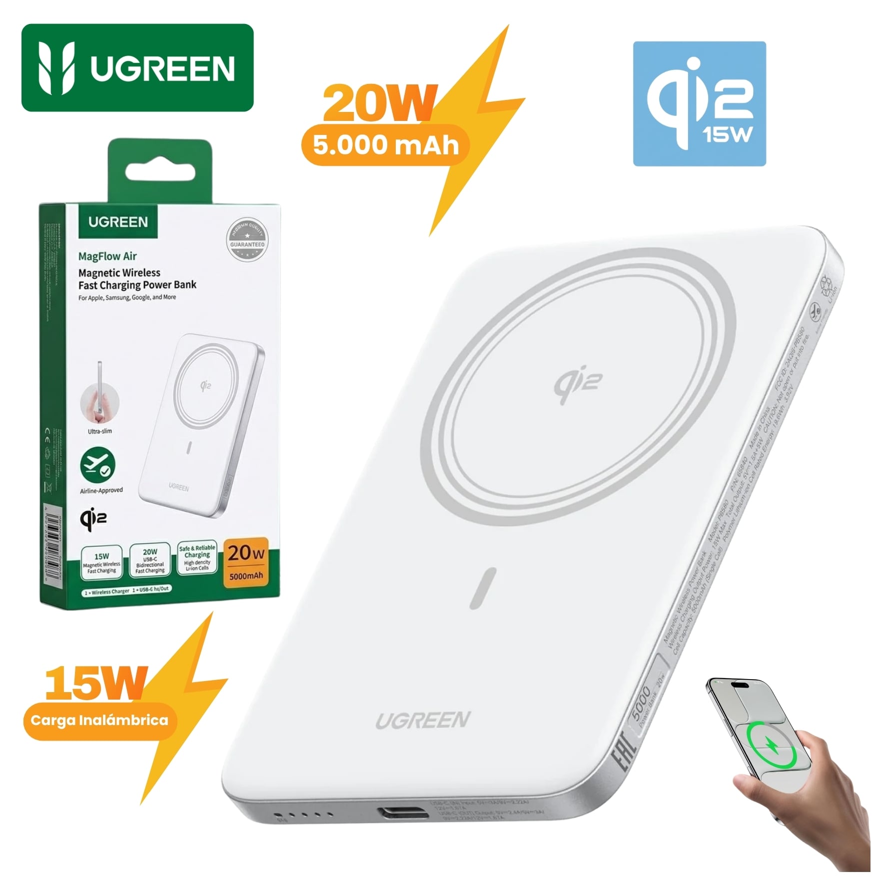 POWER BANK UGREEN MAGFLOW AIR QI2 15W ULTRADELGADO 5000MAH 20W COMPATIBLE CON MAGSAFE PARA IPHONE - 1