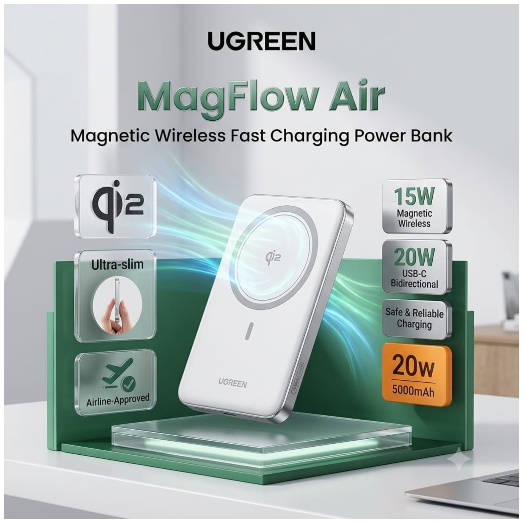 POWER BANK UGREEN MAGFLOW AIR QI2 15W ULTRADELGADO 5000MAH 20W COMPATIBLE CON MAGSAFE PARA IPHONE - 2