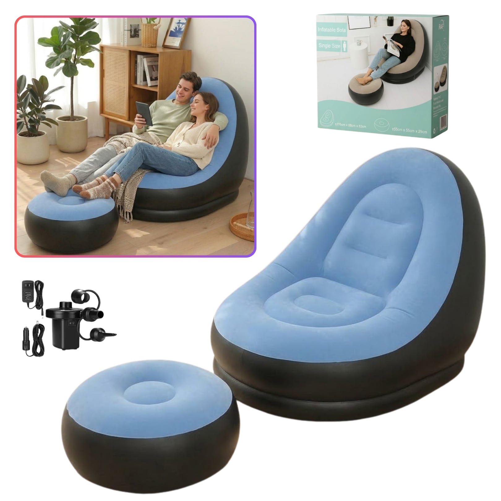SOFA PUFF MUEBLE INFLABLE CON REPOSA PIES COMODO PARA HOGAR JARDIN BALCON Y OFICINA - 1