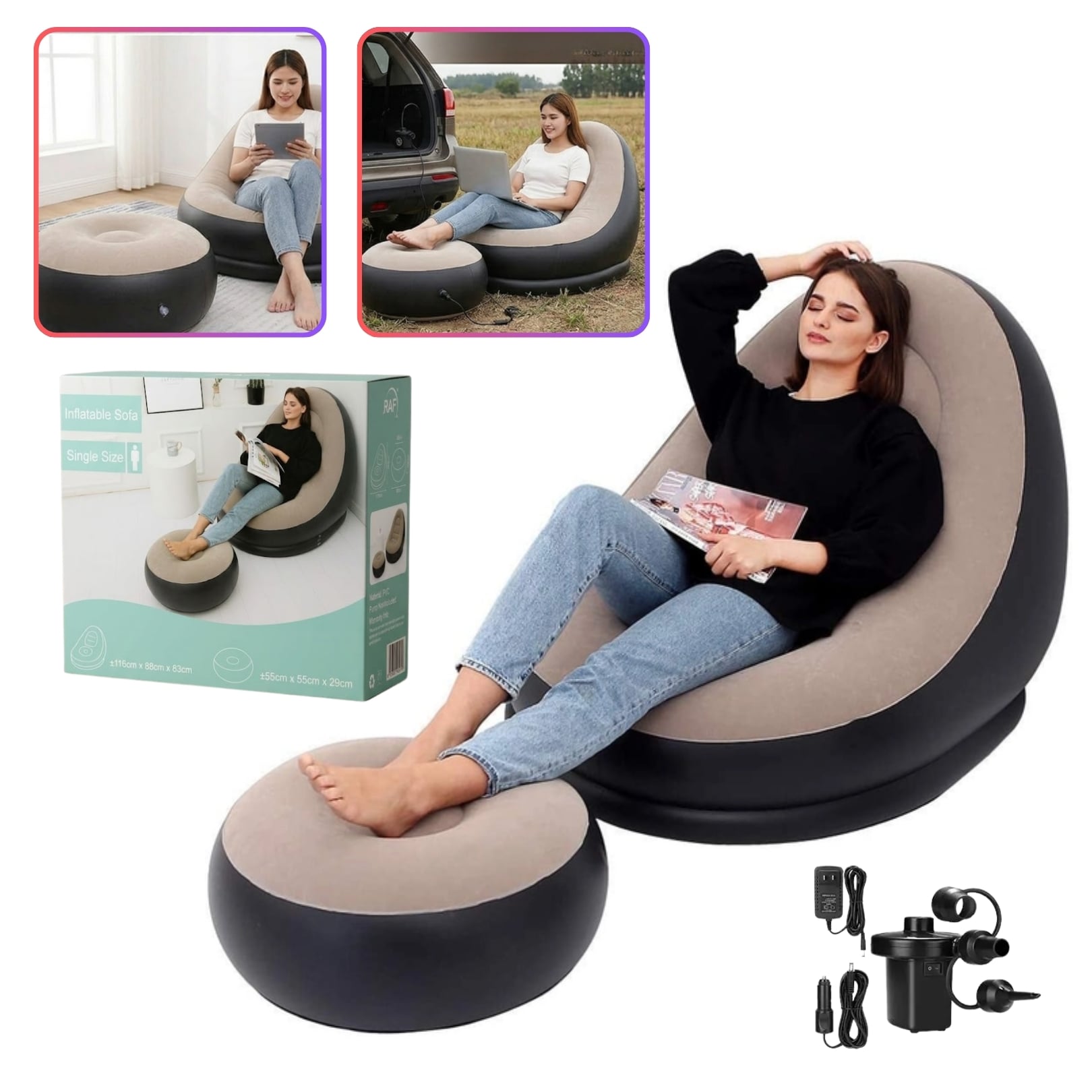 SOFA PUFF MUEBLE INFLABLE CON REPOSA PIES COMODO PARA HOGAR JARDIN BALCON Y OFICINA - 1