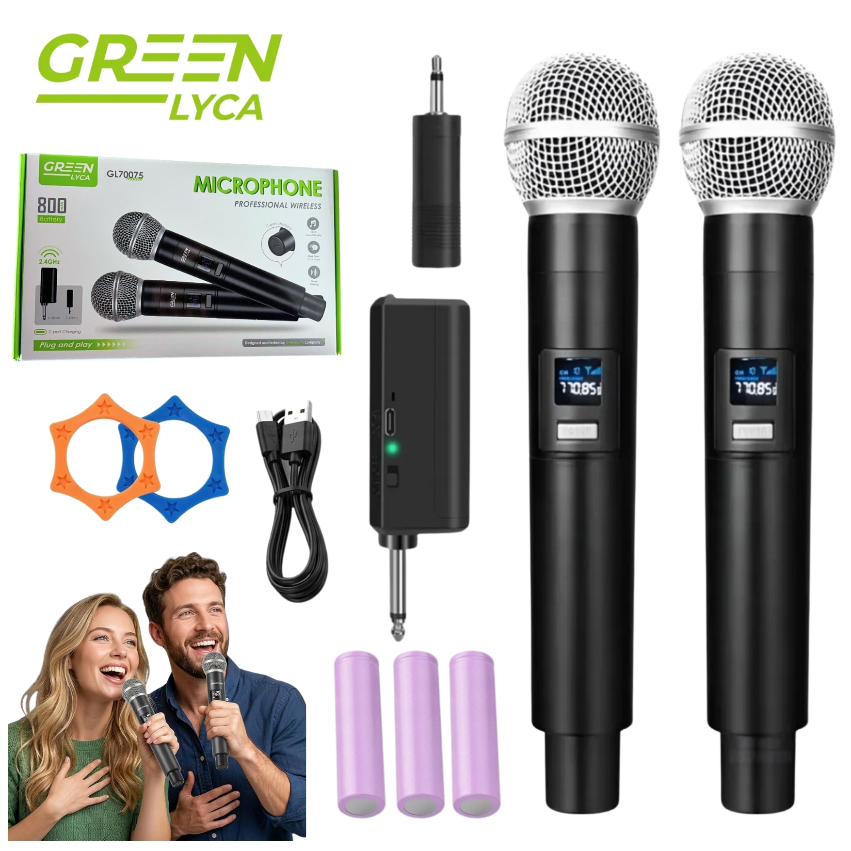 MICRÓFONO INALÁMBRICO PARA ESCENARIO EVENTOS KARAOKE 2 UND DUAL UHF 15M RECARGABLE GREEN - 1