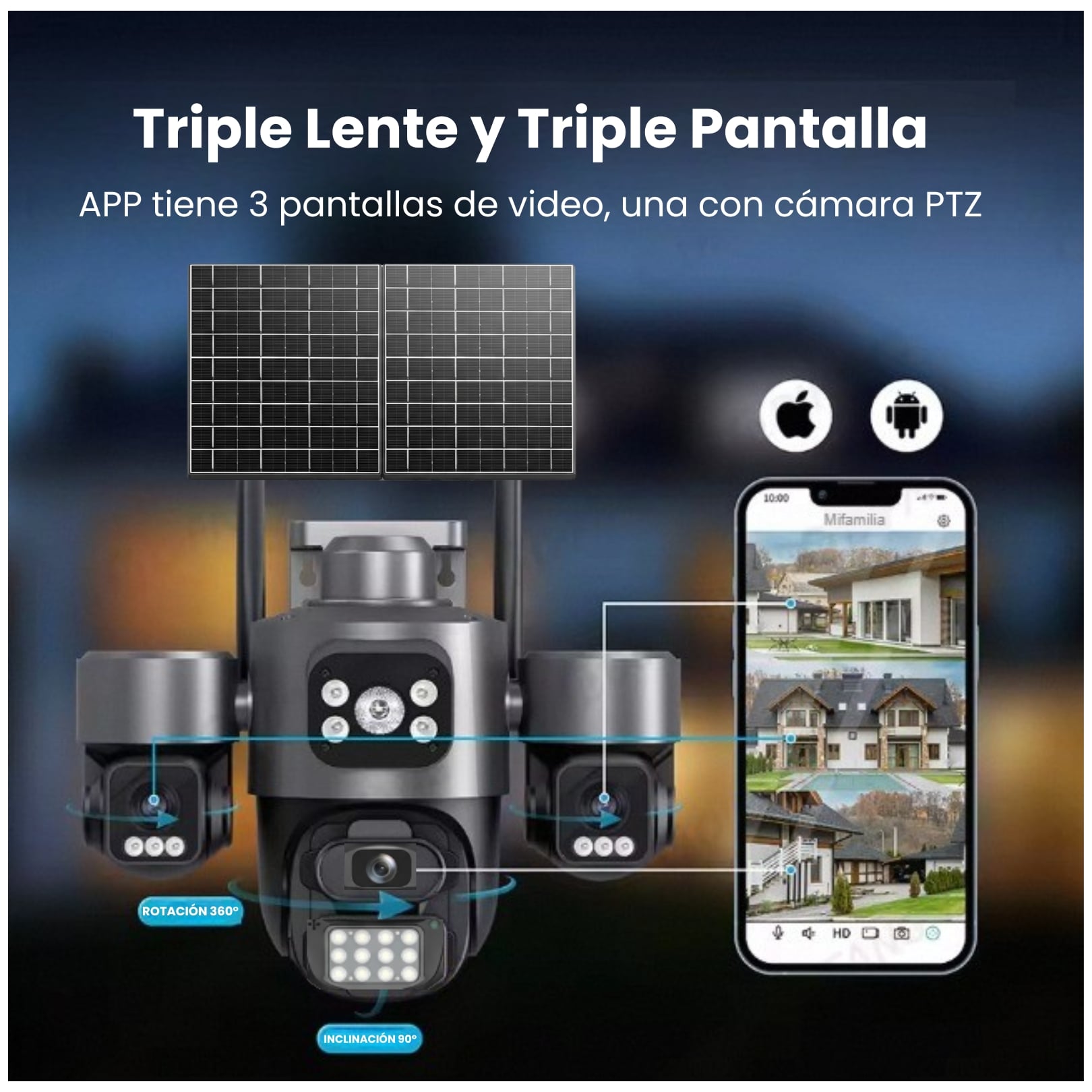 CAMARA SEGURIDAD SOLAR CON CHIP 4G PTZ 4 LENTES 2 PANELES SOLARES VIGILA MONITORIA DESDE CELULAR - 4