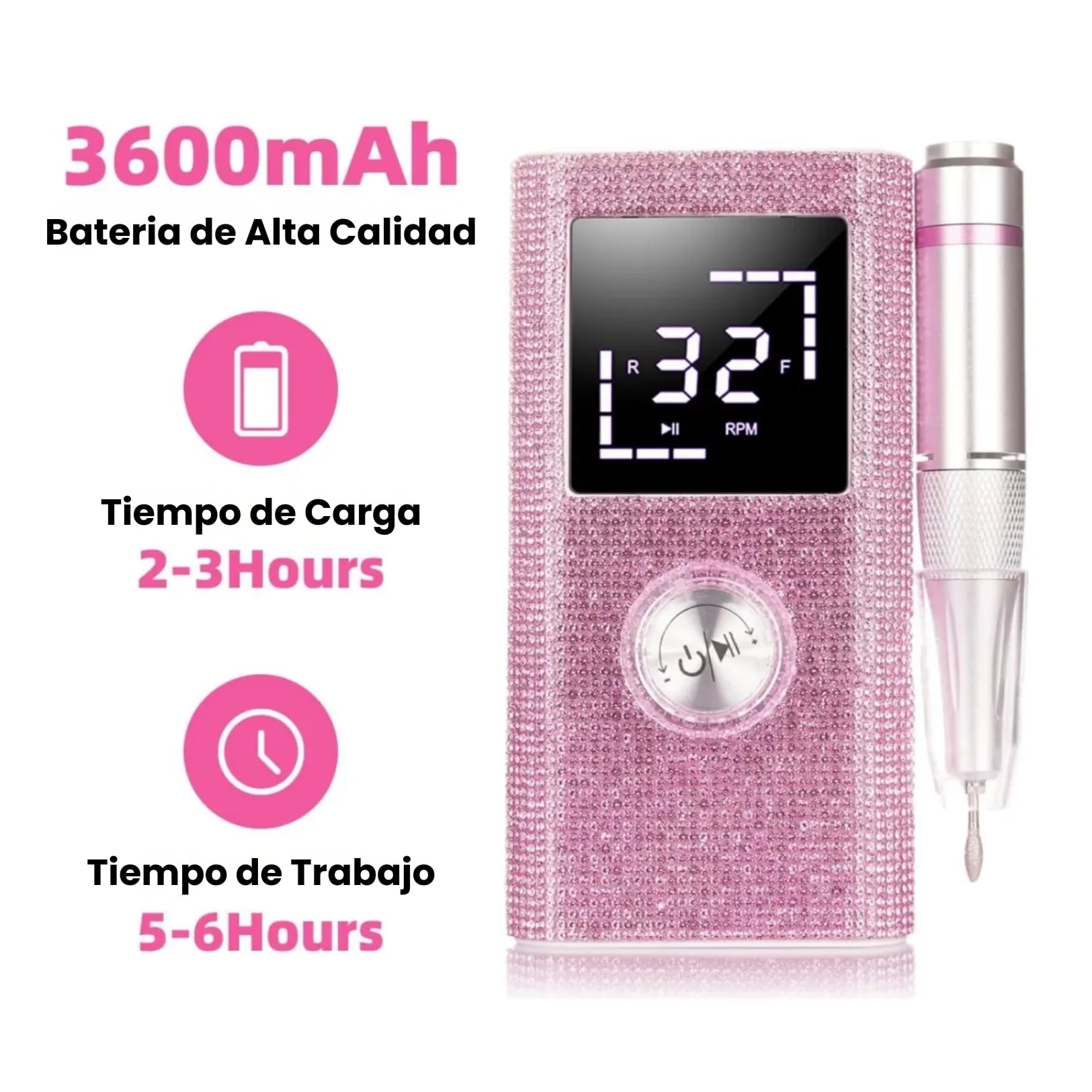 PULIDOR DE UÑAS INALÁMBRICO RECARGABLE 45000RPM CON ACCESORIOS PARA  MANICURA PANTALLA LED - 3