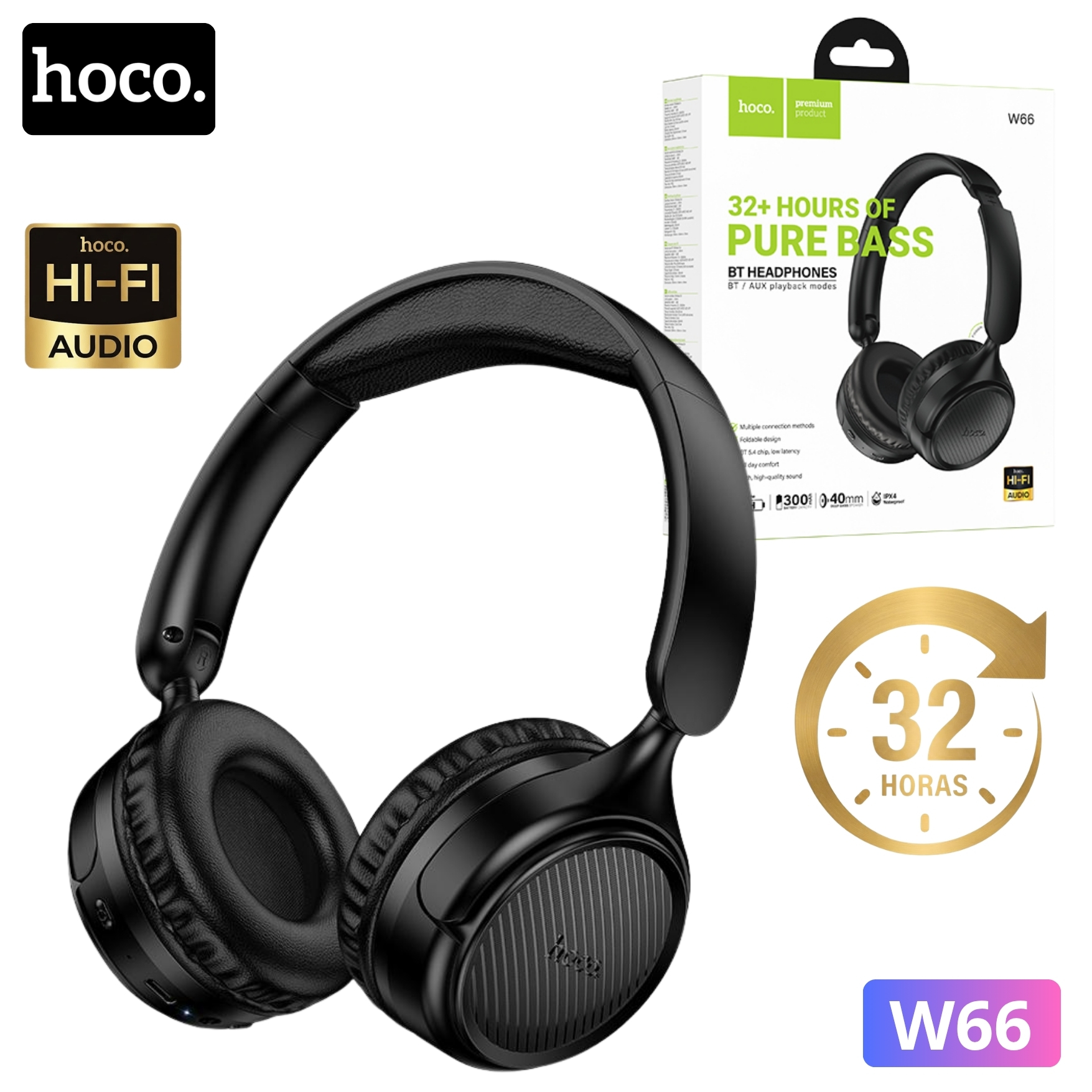 AUDÍFONO INALÁMBRICO BLUETOOTH HOCO W66 32 HORAS CON MICRÓFONO ENTRADA AUXILIAR DE 3.5MM - 1