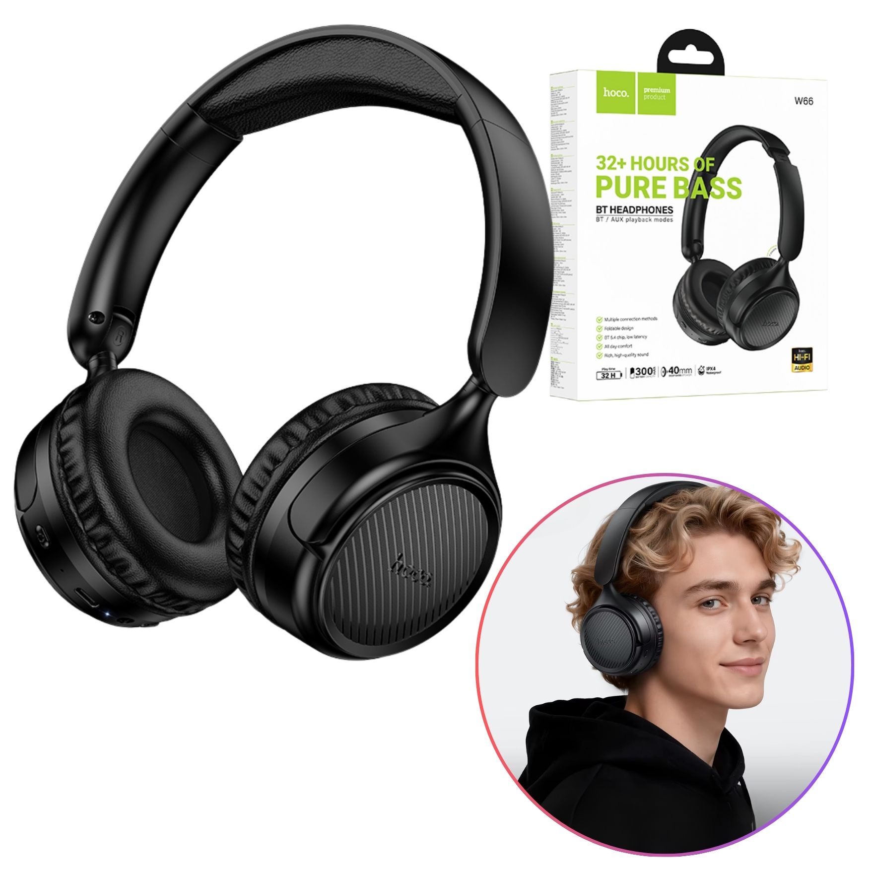 AUDÍFONO INALÁMBRICO BLUETOOTH HOCO W66 32 HORAS CON MICRÓFONO ENTRADA AUXILIAR DE 3.5MM - 2