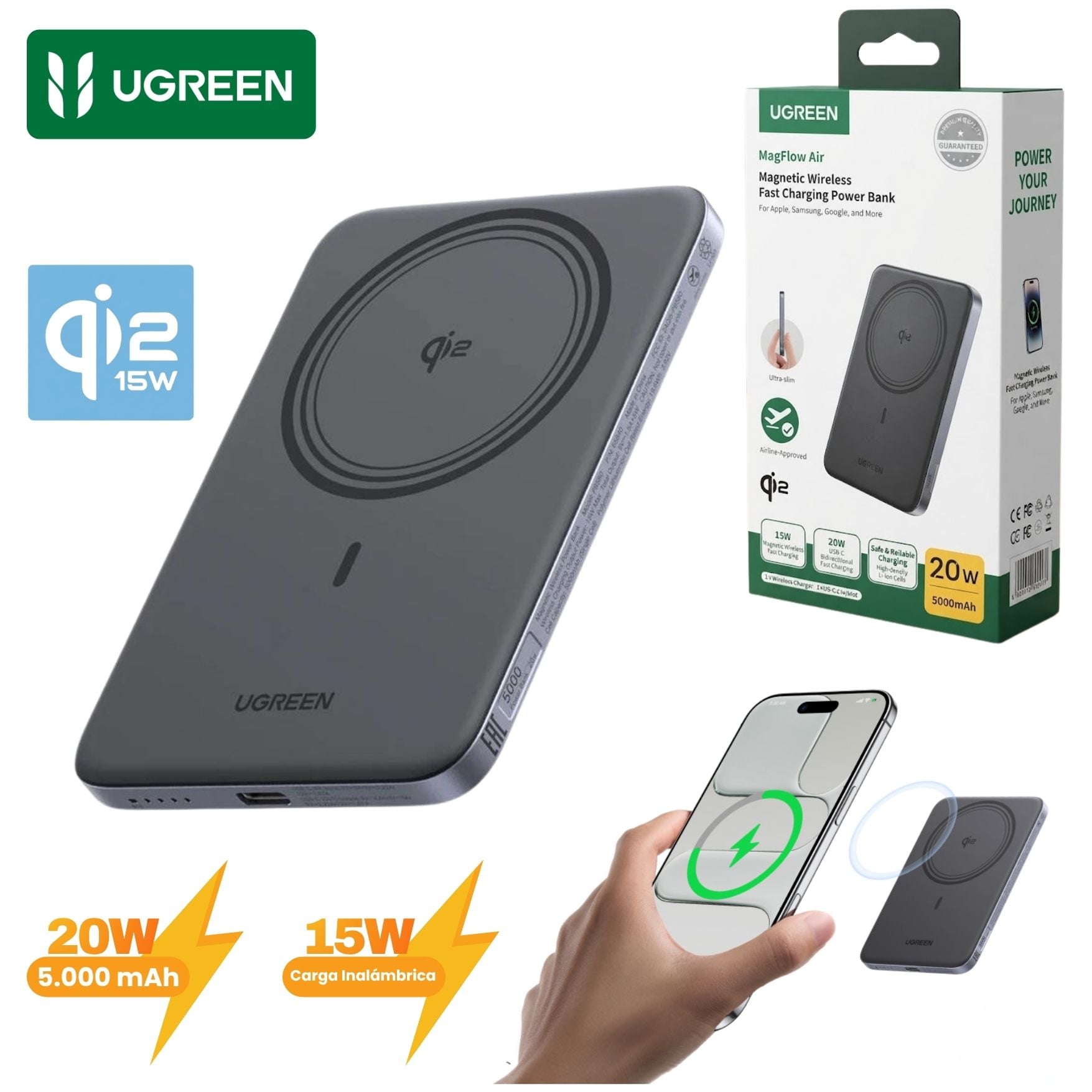 POWER BANK UGREEN MAGFLOW AIR QI2 15W ULTRADELGADO 5000MAH 20W COMPATIBLE CON MAGSAFE PARA IPHONE - 1