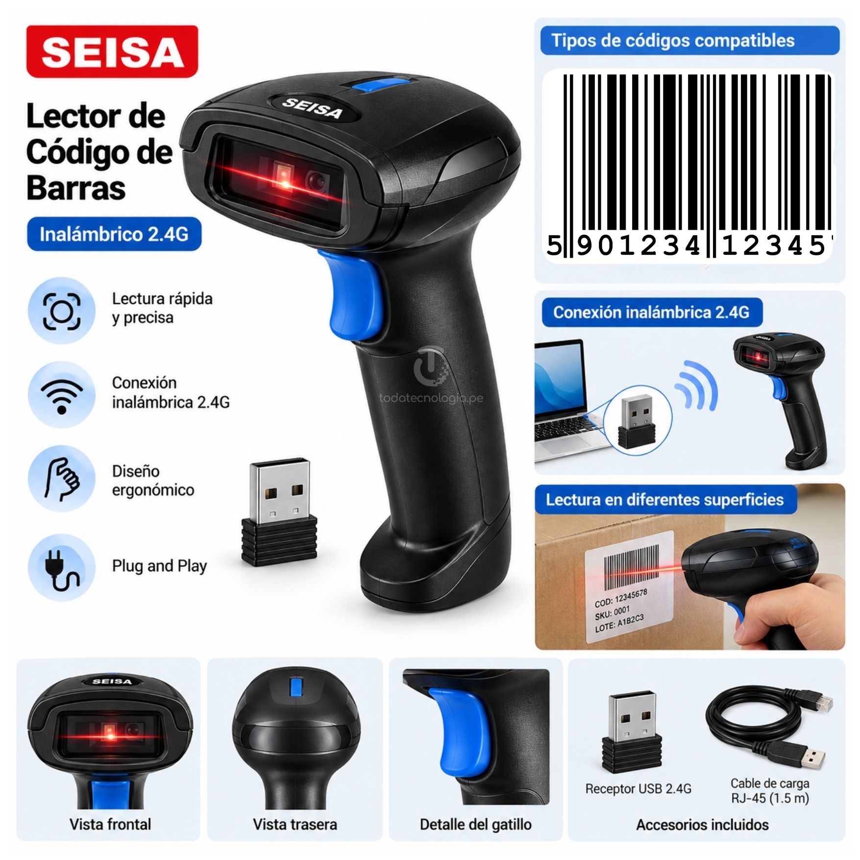 LECTOR CODIGO DE BARRAS SEISA INALAMBRICO USB 2.4 RECARGABLE LARGO ALCANCE - 3
