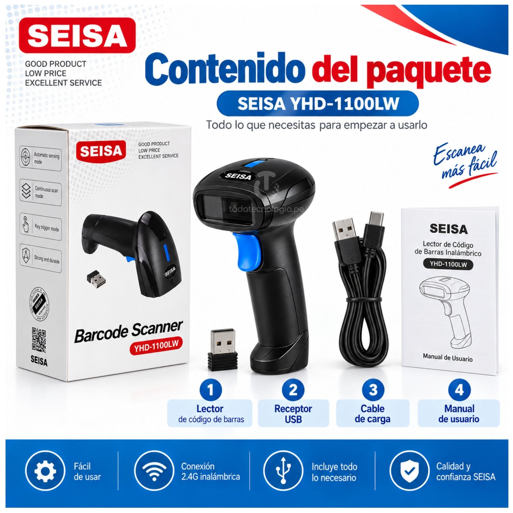 LECTOR CODIGO DE BARRAS SEISA INALAMBRICO USB 2.4 RECARGABLE LARGO ALCANCE - 5