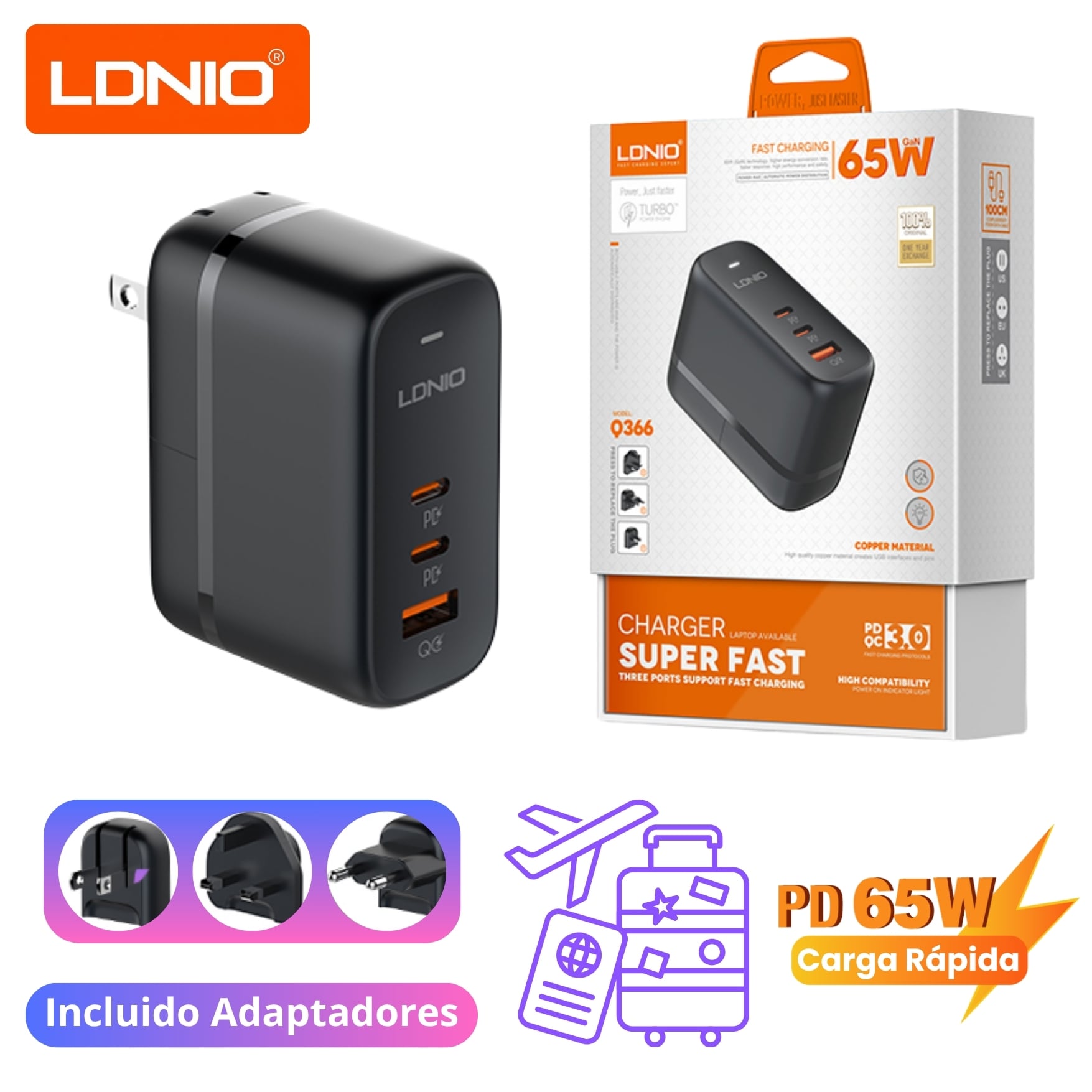 CARGADOR LDNIO GAN 65W , CARGA RÁPIDA CON ADAPTADOR UNIVERSAL VIAJERO PARA LAPTOP MACBOOK - 1