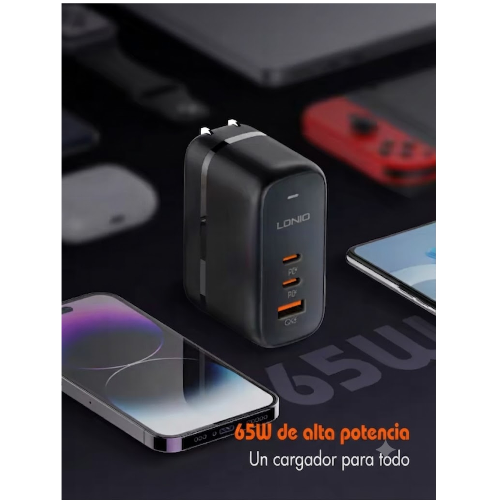 CARGADOR LDNIO GAN 65W , CARGA RÁPIDA CON ADAPTADOR UNIVERSAL VIAJERO PARA LAPTOP MACBOOK - 4