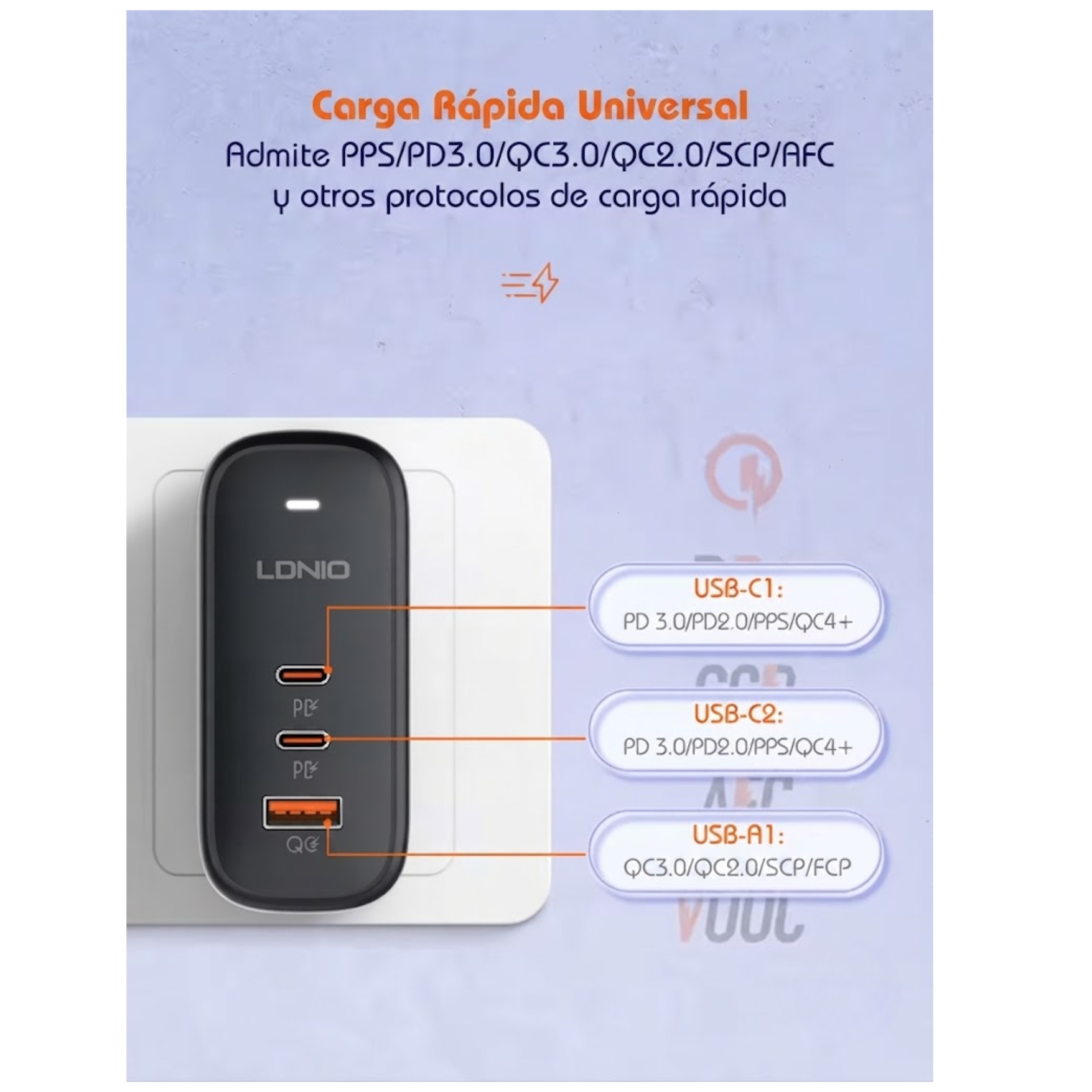 CARGADOR LDNIO GAN 65W , CARGA RÁPIDA CON ADAPTADOR UNIVERSAL VIAJERO PARA LAPTOP MACBOOK - 6