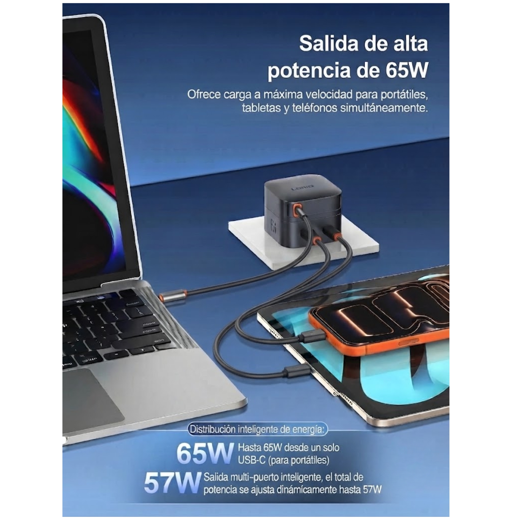 CARGADOR LDNIO GAN 65W , CARGA RÁPIDA TURBO CON CABLE RETRÁCTIL PARA LAPTOP MACBOOK - 2