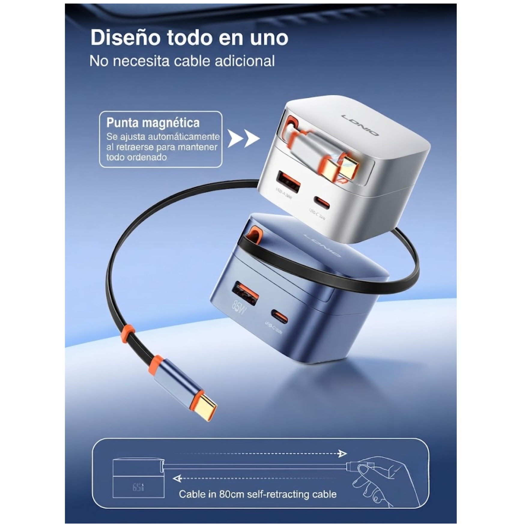 CARGADOR LDNIO GAN 65W , CARGA RÁPIDA TURBO CON CABLE RETRÁCTIL PARA LAPTOP MACBOOK - 4