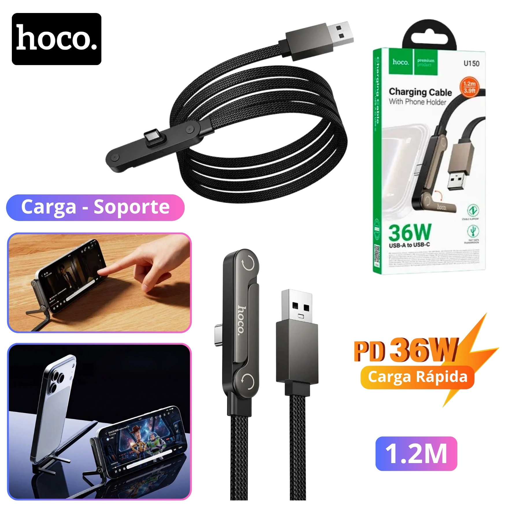 CABLE USB A TIPO C CARGA RÁPIDA 36W TRENZADO NYLON, SOPORTE HOLDER CELULAR 2 EN 1 HOCO U150 - 1
