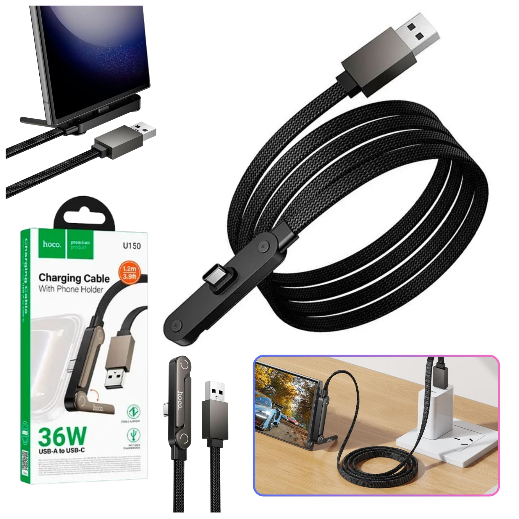 CABLE USB A TIPO C CARGA RÁPIDA 36W TRENZADO NYLON, SOPORTE HOLDER CELULAR 2 EN 1 HOCO U150 - 2