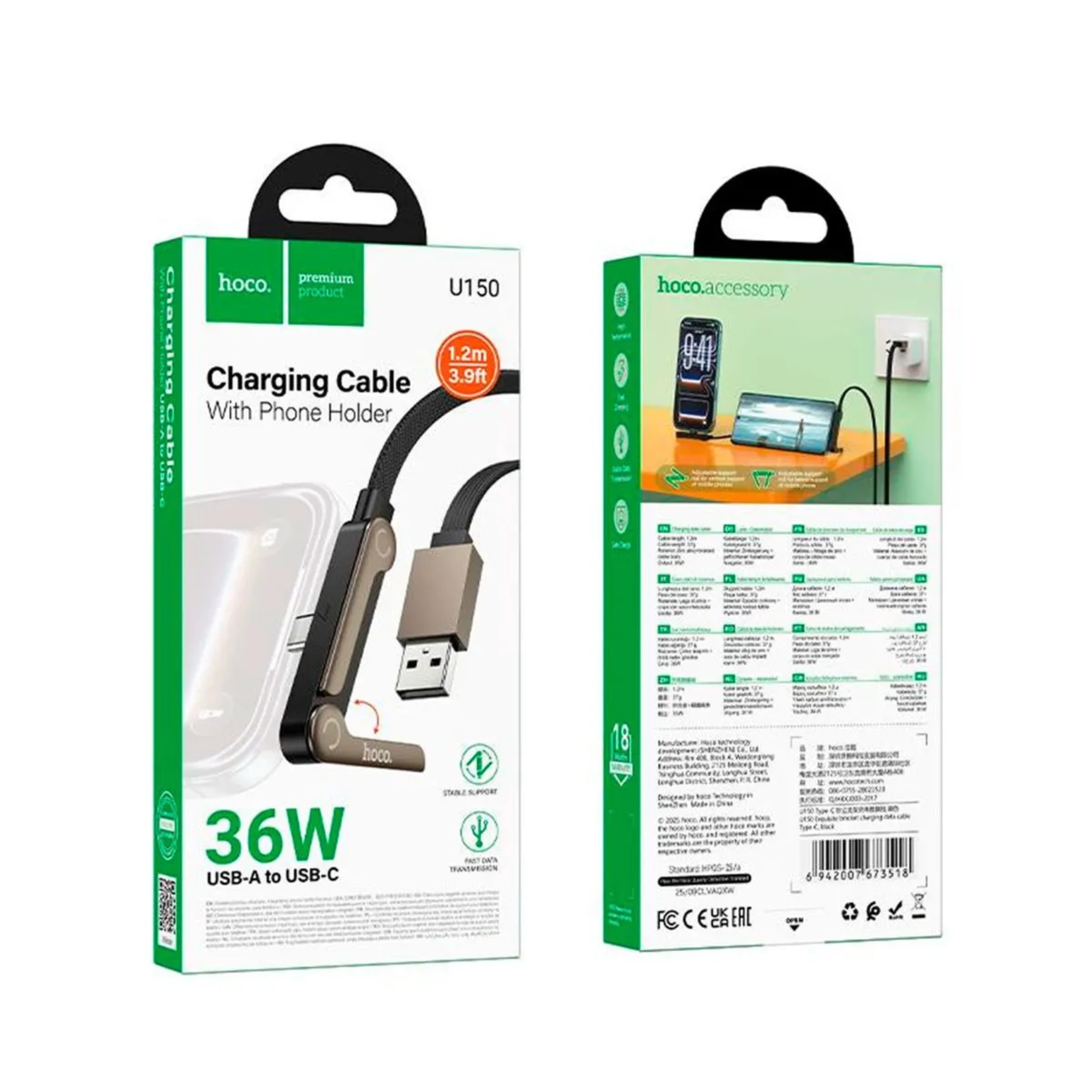 CABLE USB A TIPO C CARGA RÁPIDA 36W TRENZADO NYLON, SOPORTE HOLDER CELULAR 2 EN 1 HOCO U150 - 6