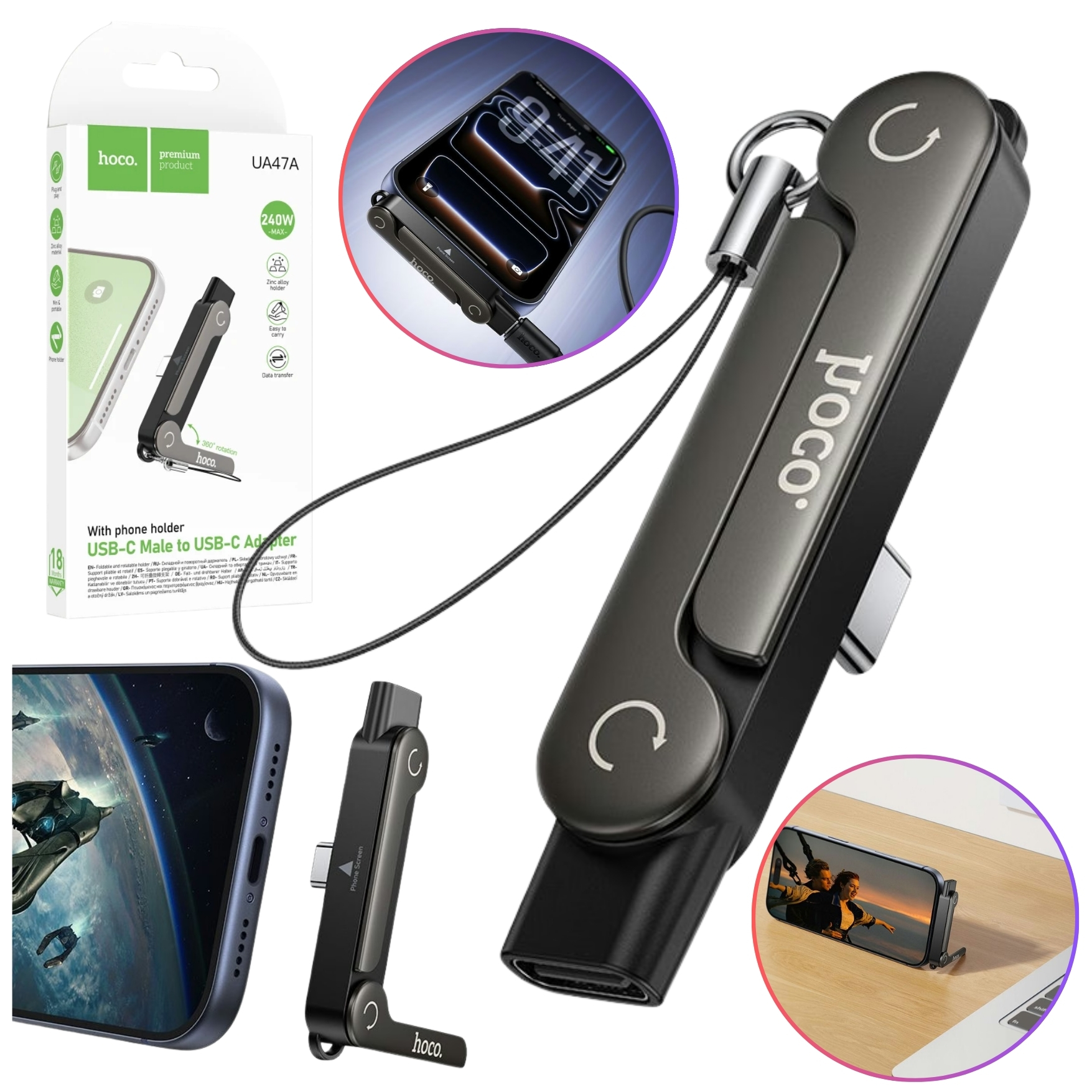 ADAPTADOR CABLE TIPO C A TYPE C CARGA RAPIDA 240W 2 EN 1 HOLDER SOPORTE CELULAR HOCO UA47A - 2