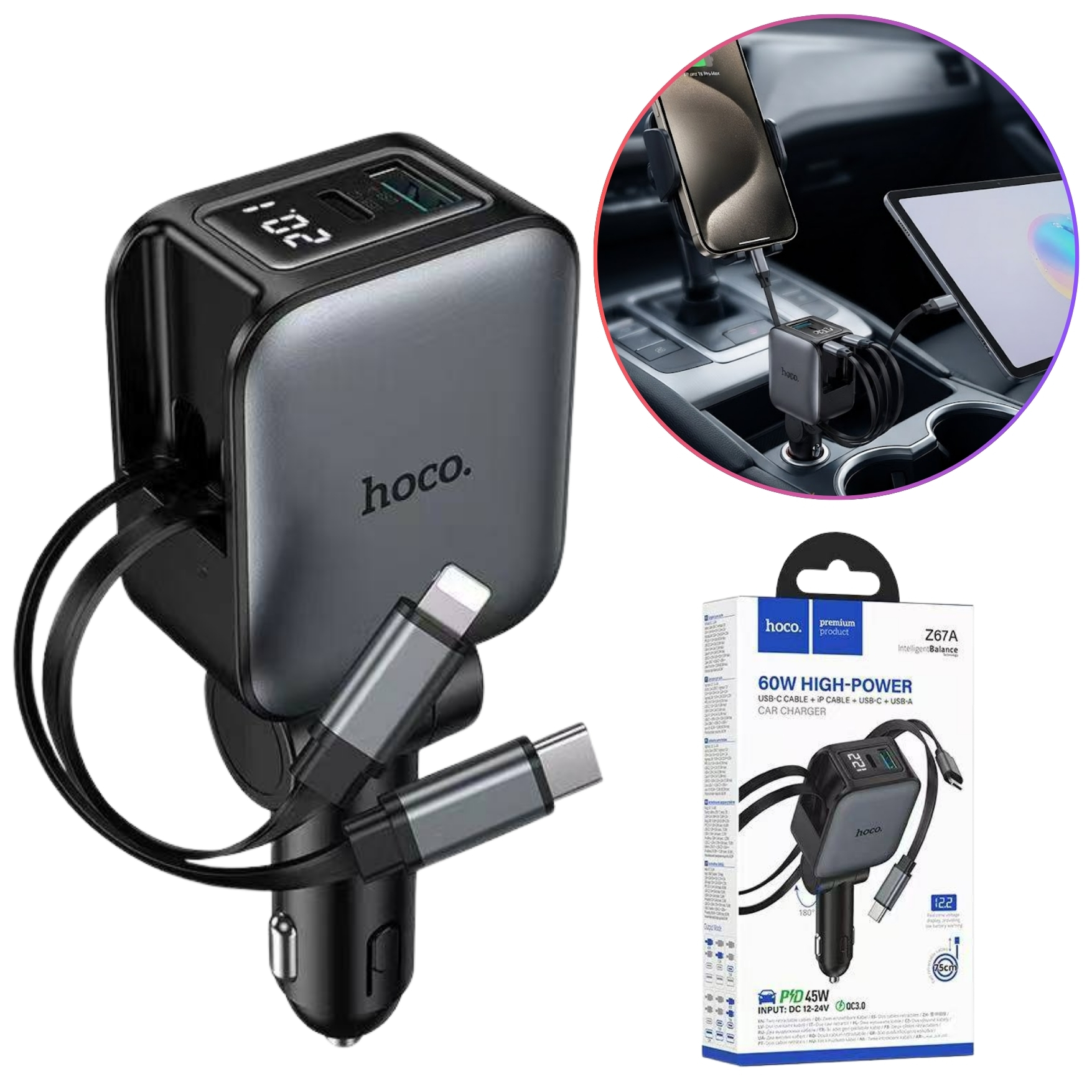 CARGADOR DE AUTO HOCO 60W RETRÁCTIL CARGA RÁPIDA PARA MACBOOK LAPTOP  CELULAR - 2