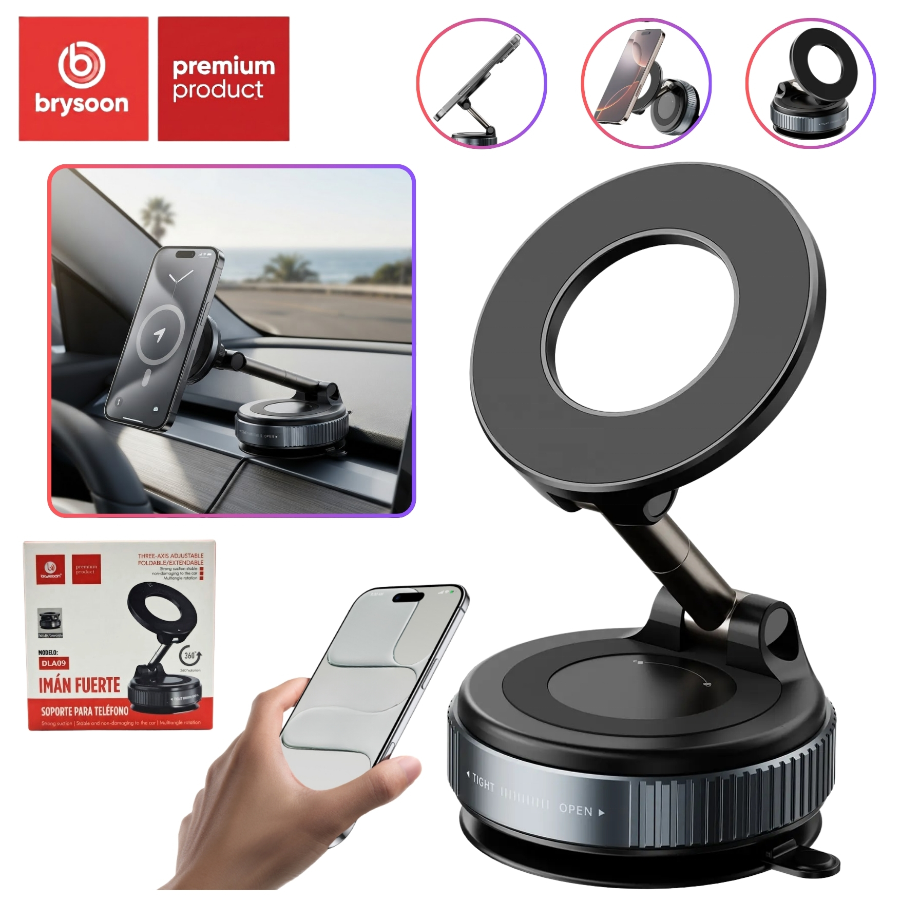SOPORTE MAGNÉTICO PARA CELULAR HOLDER PARA AUTO AJUSTABLE 360° CON VENTOSA BRYSOON DLA09 - 1
