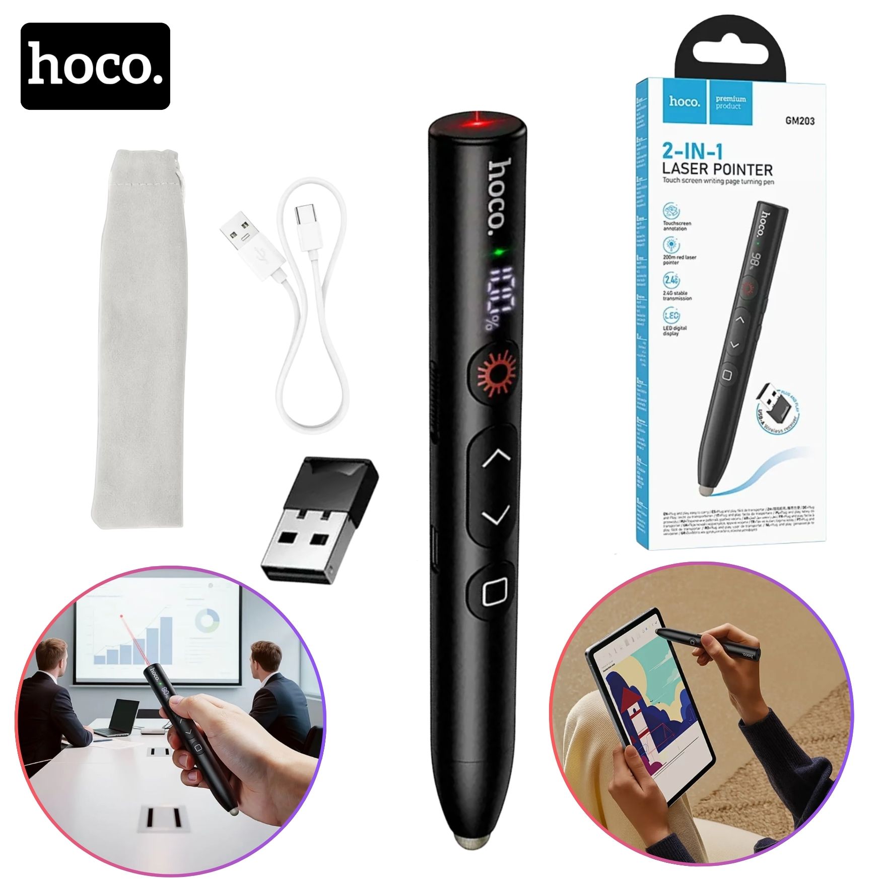 PUNTERO LÁSER PRESENTADOR INALÁMBRICO PARA DIAPOSITIVAS HOCO GM203 LAPIZ PARA PANTALLA TOUCH - 1